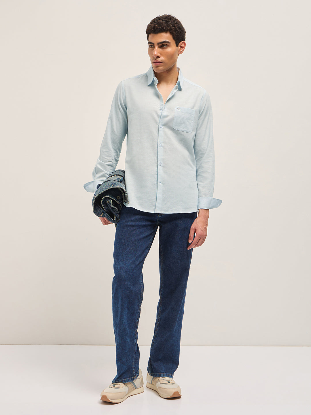 Light Blue Cotton Linen Slim Fit Solid Casual Shirt