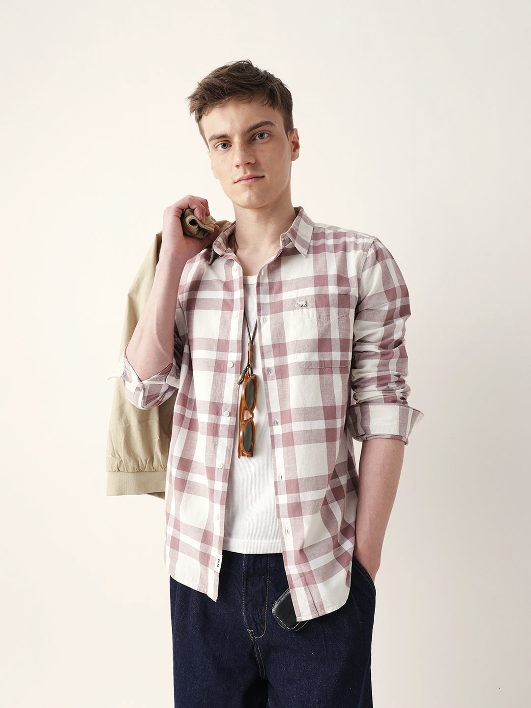 Off white with Pink Woven Tartan Checked Slim Fit Casual Shirt