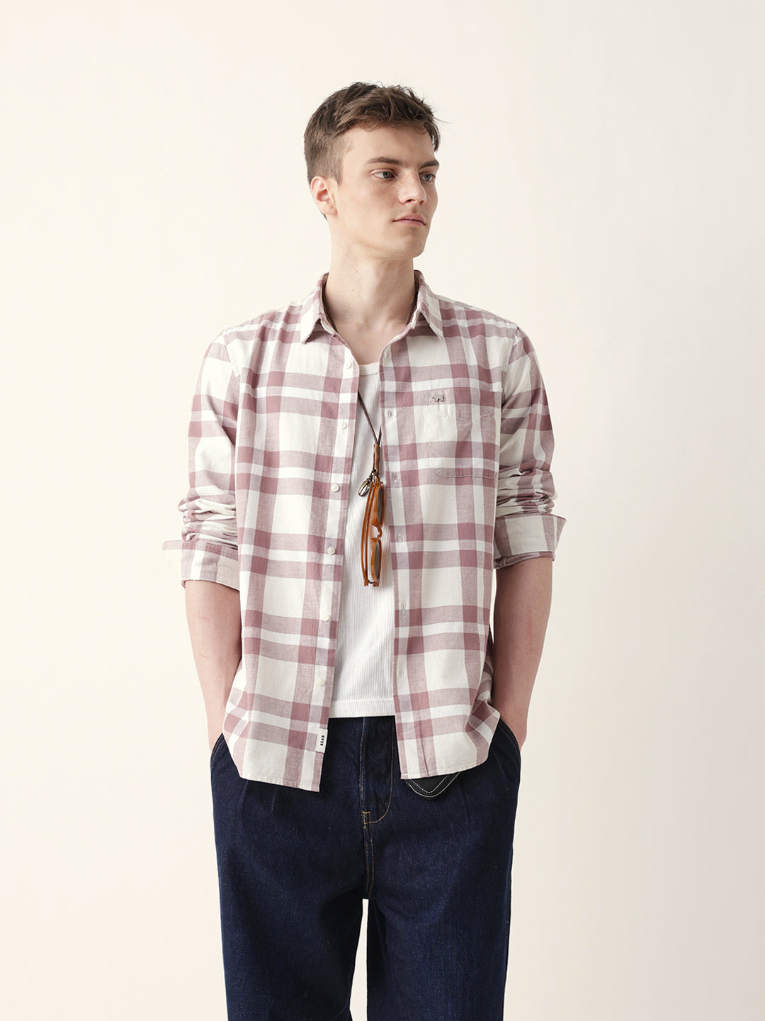 Off white with Pink Woven Tartan Checked Slim Fit Casual Shirt