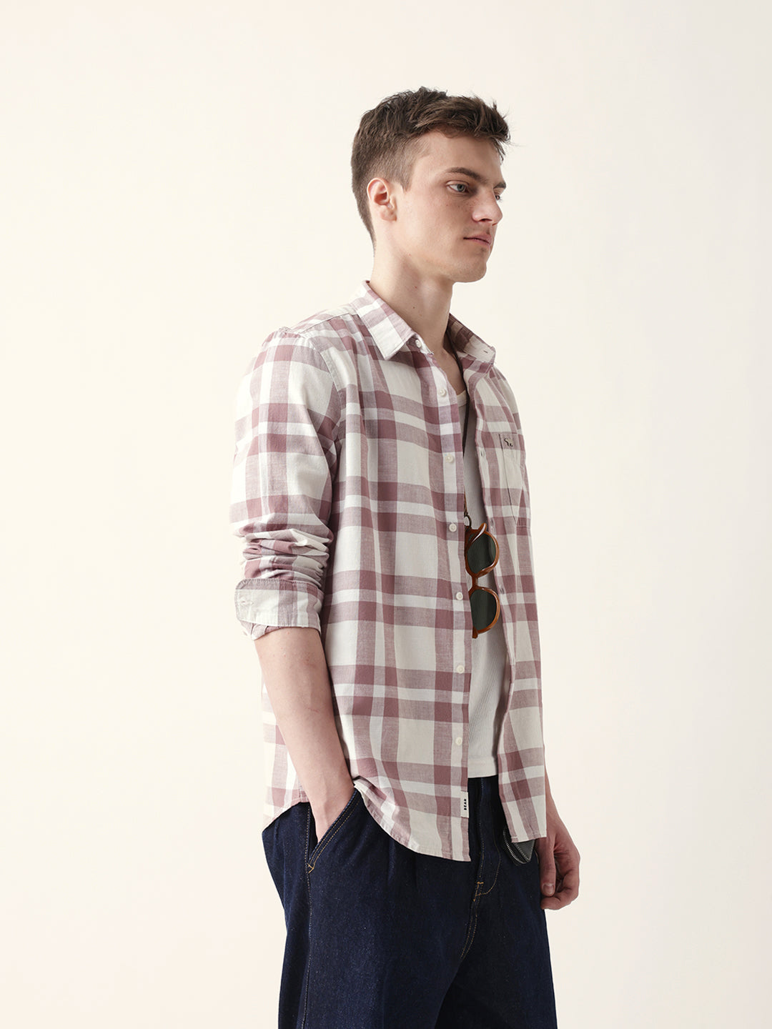 Off white with Pink Woven Tartan Checked Slim Fit Casual Shirt