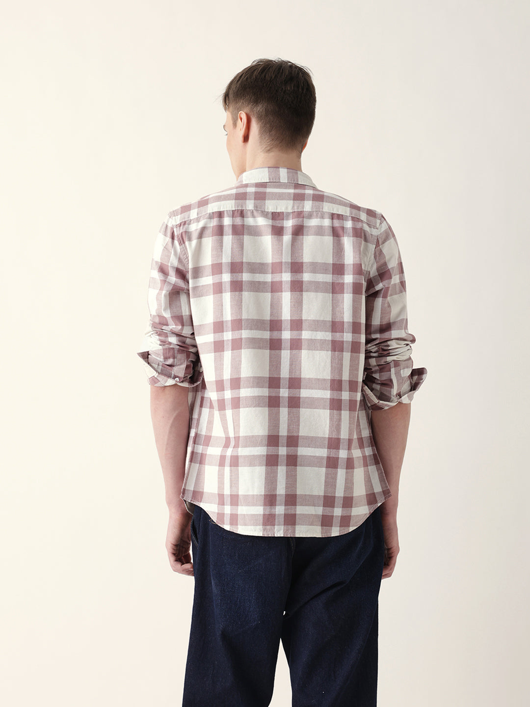 Off white with Pink Woven Tartan Checked Slim Fit Casual Shirt