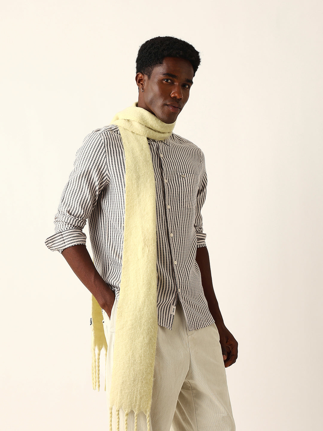 Black & White Vertical Woven Pinstriped Slim Fit Casual Shirt