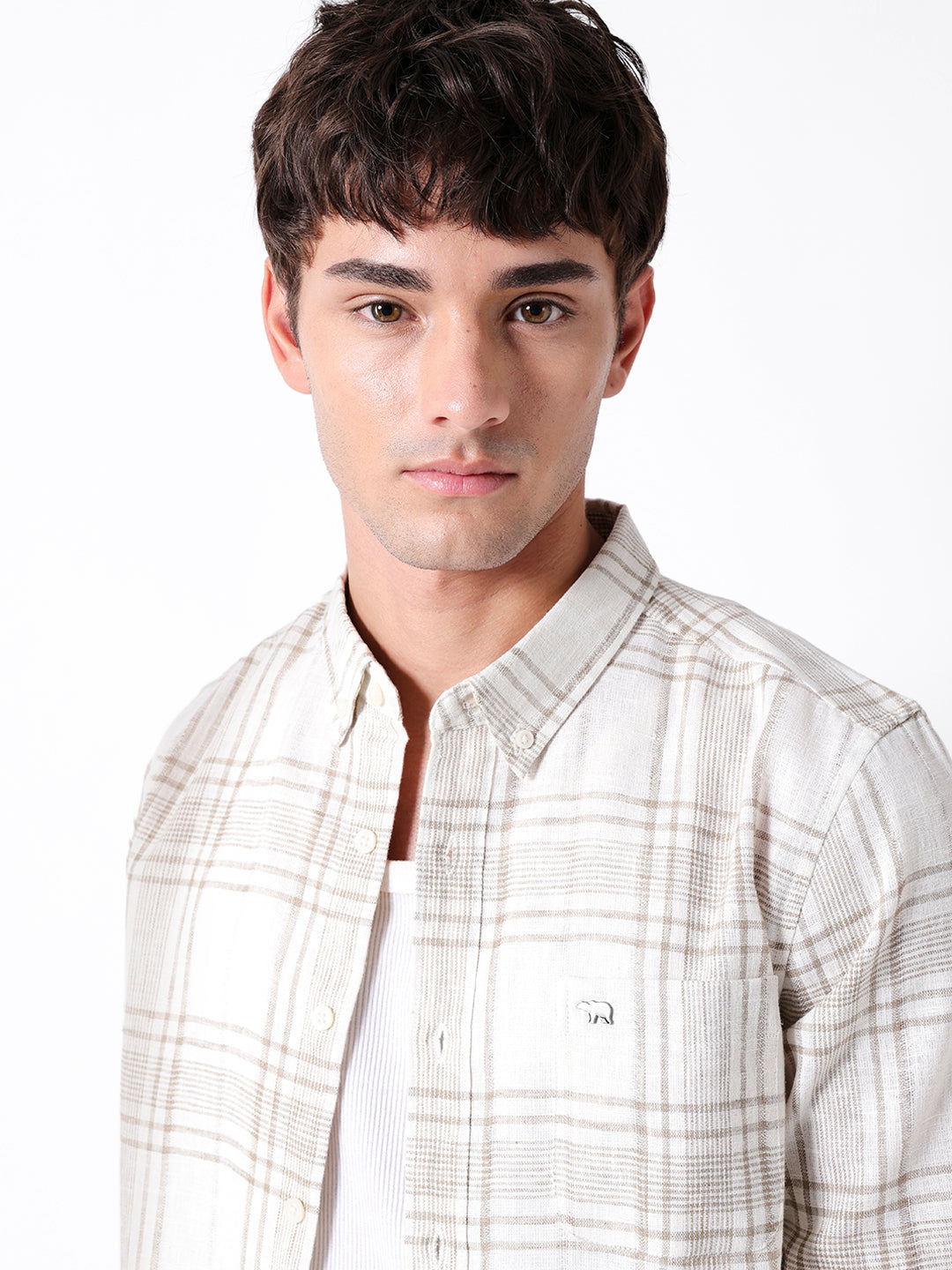Cream & Brown Slim Fit Plaid Check Woven Casual Shirt
