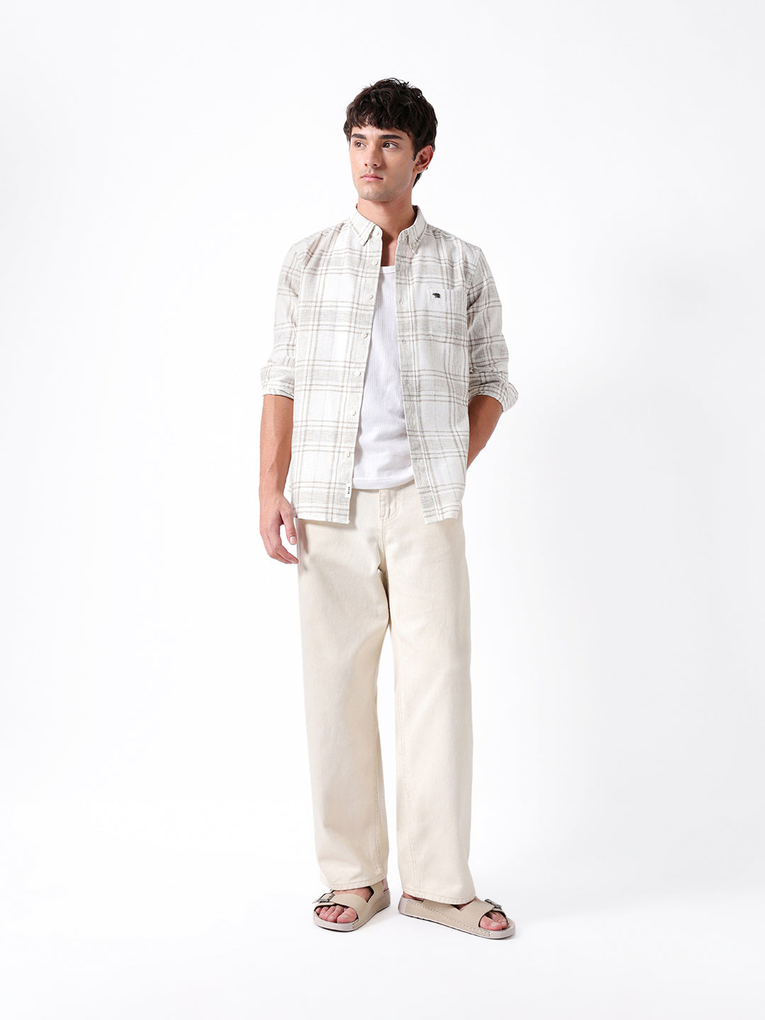 Cream & Brown Slim Fit Plaid Check Woven Casual Shirt