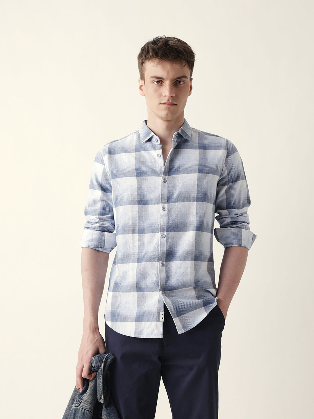 Blue with White Woven Checkered Slim Fit Casual Shirt
