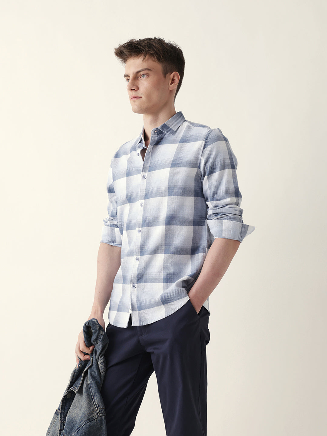 Blue with White Woven Checkered Slim Fit Casual Shirt