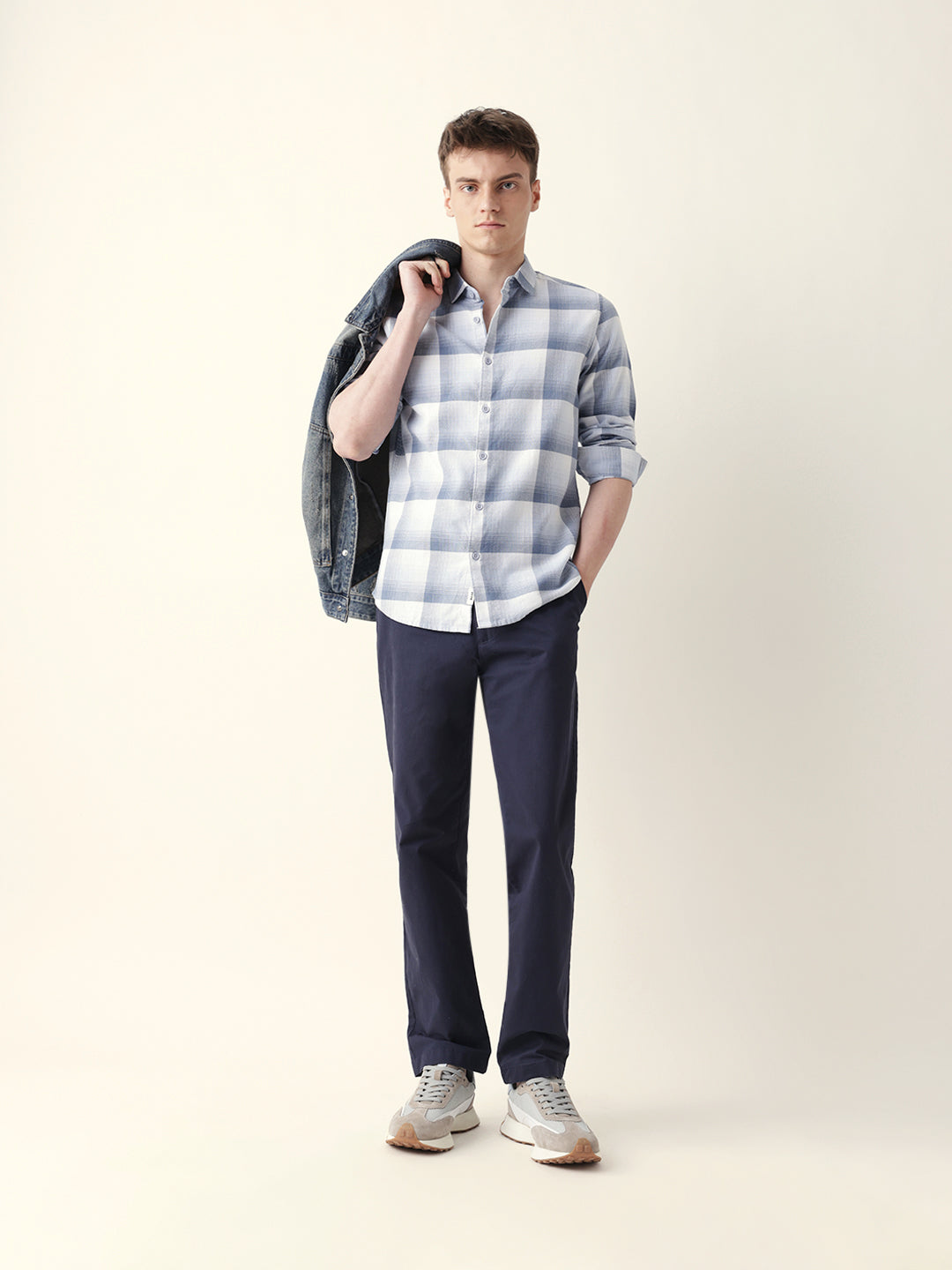 Blue with White Woven Checkered Slim Fit Casual Shirt