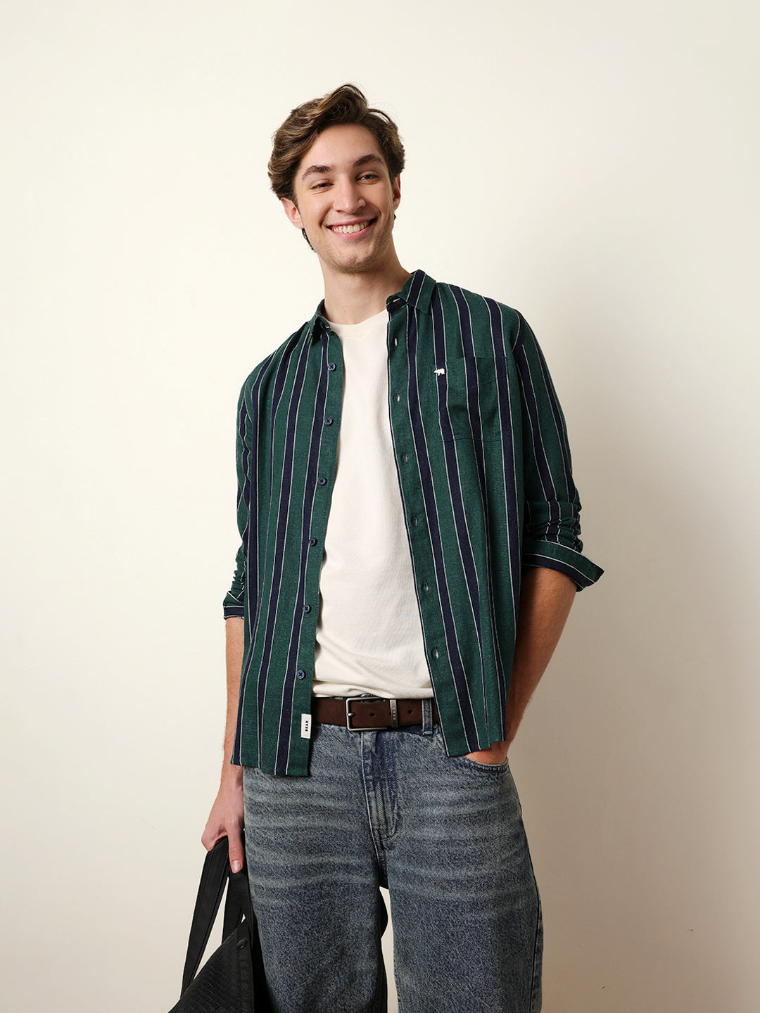Green Vertical Stripes Slim Fit Casual Shirt