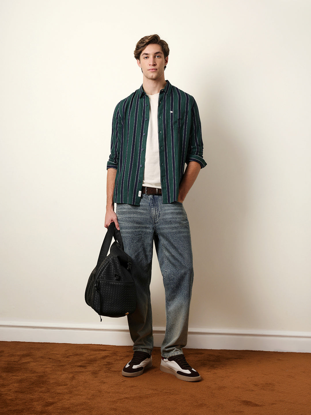 Green Vertical Stripes Slim Fit Casual Shirt