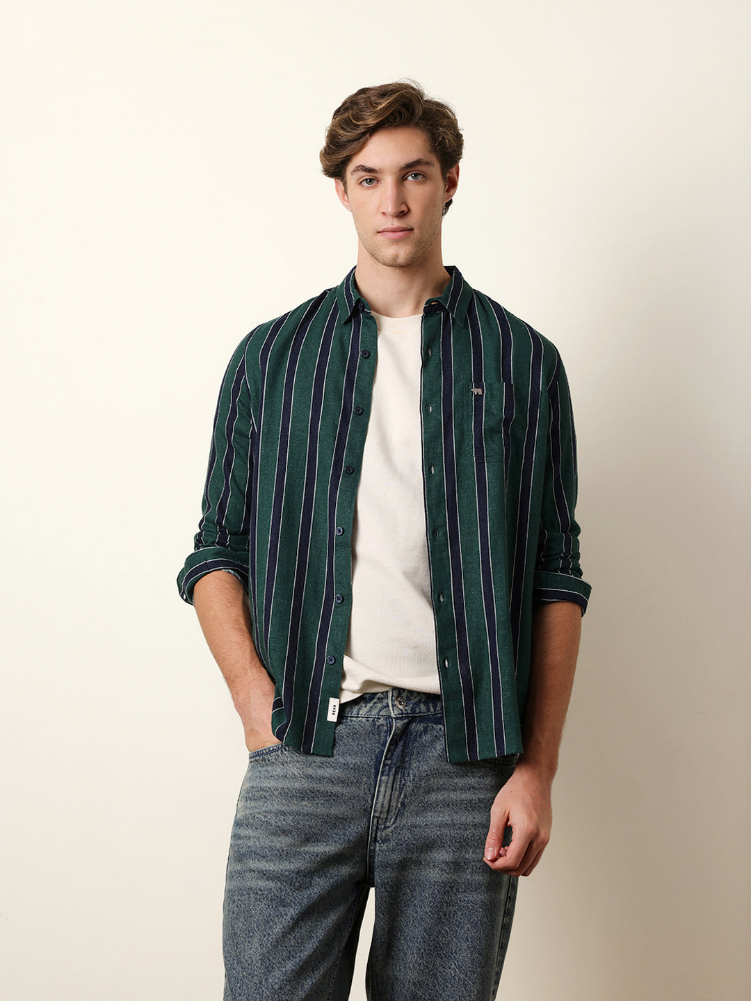 Green Vertical Stripes Slim Fit Casual Shirt