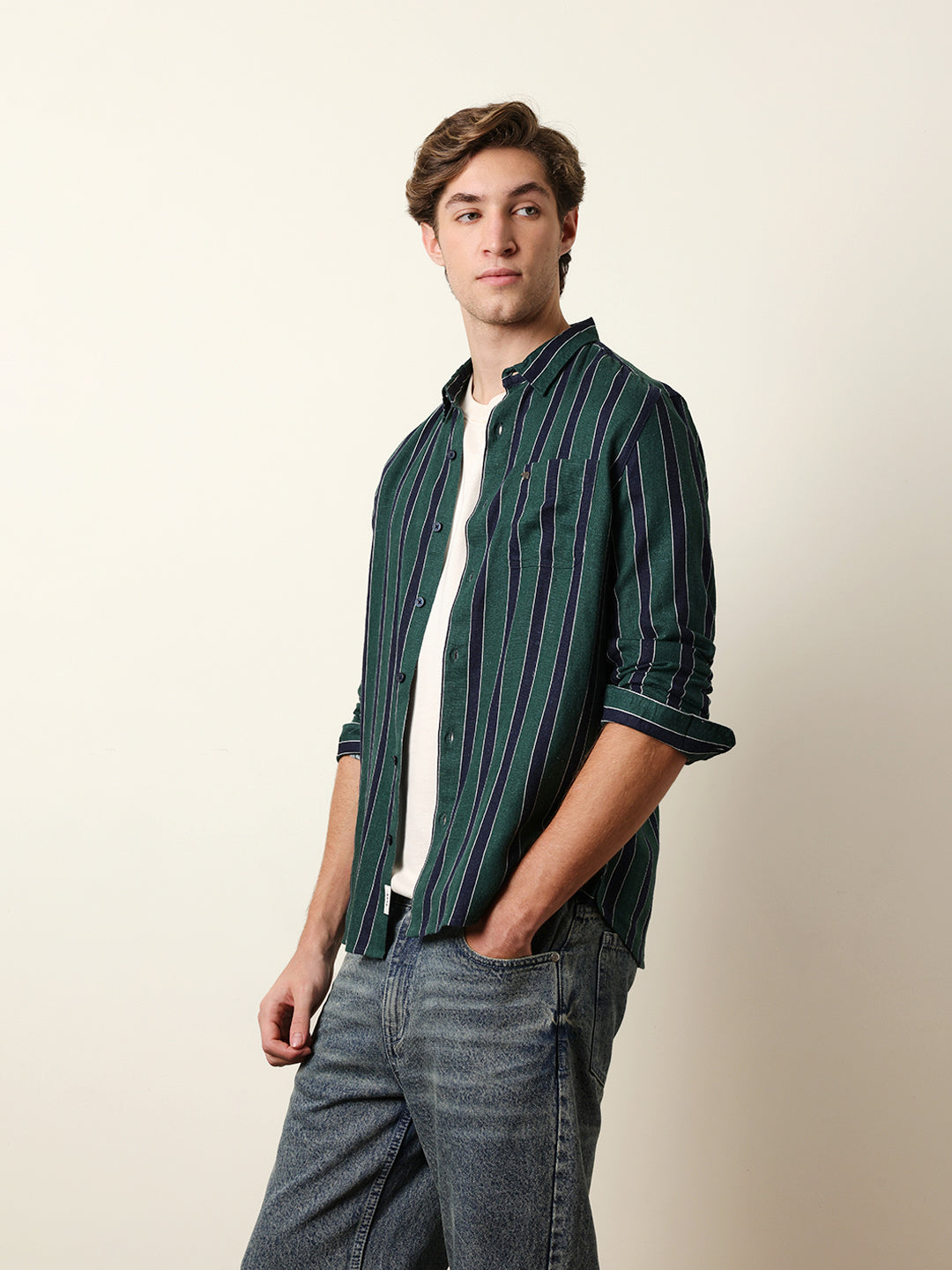 Green Vertical Stripes Slim Fit Casual Shirt