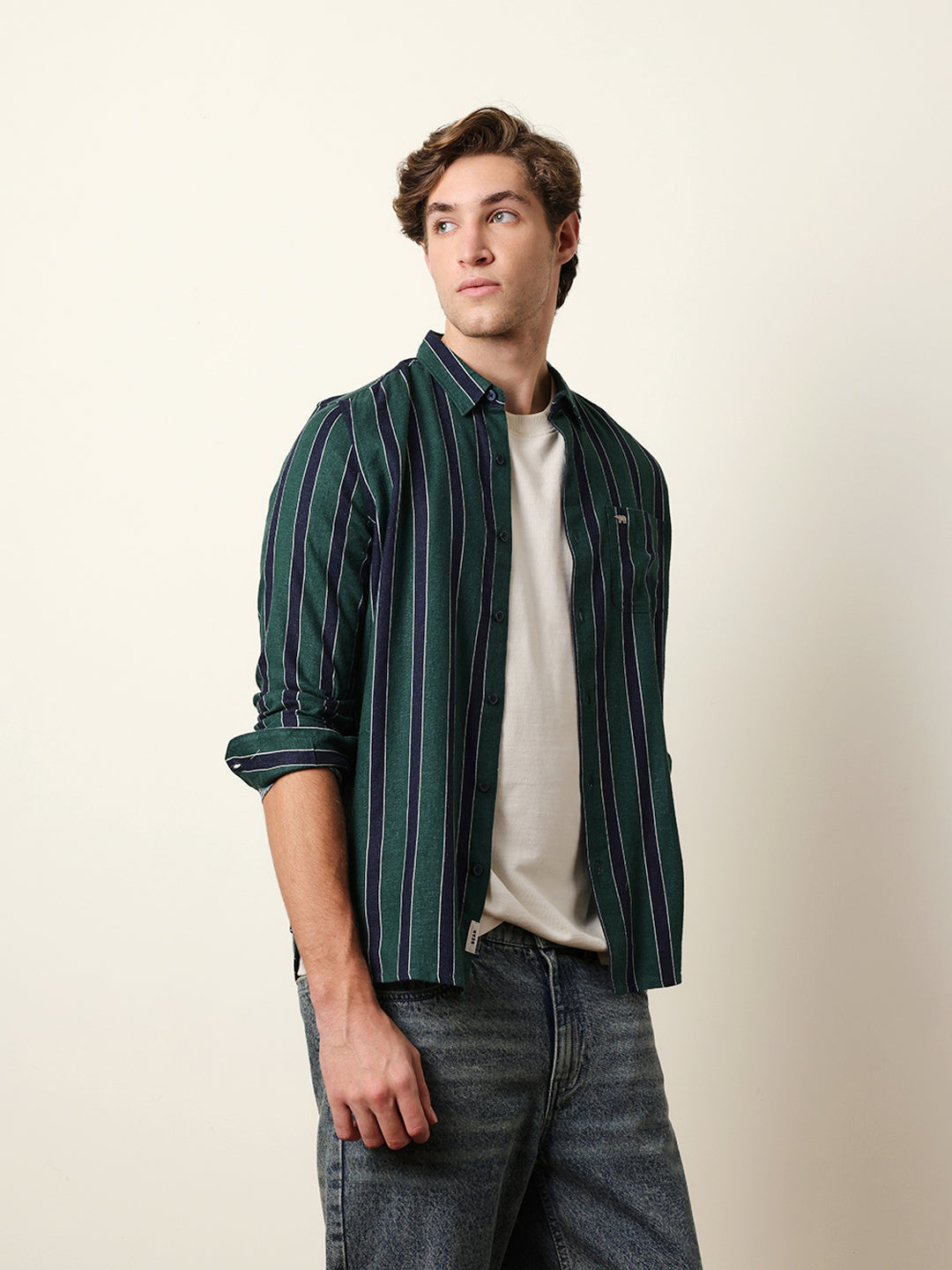 Green Vertical Stripes Slim Fit Casual Shirt