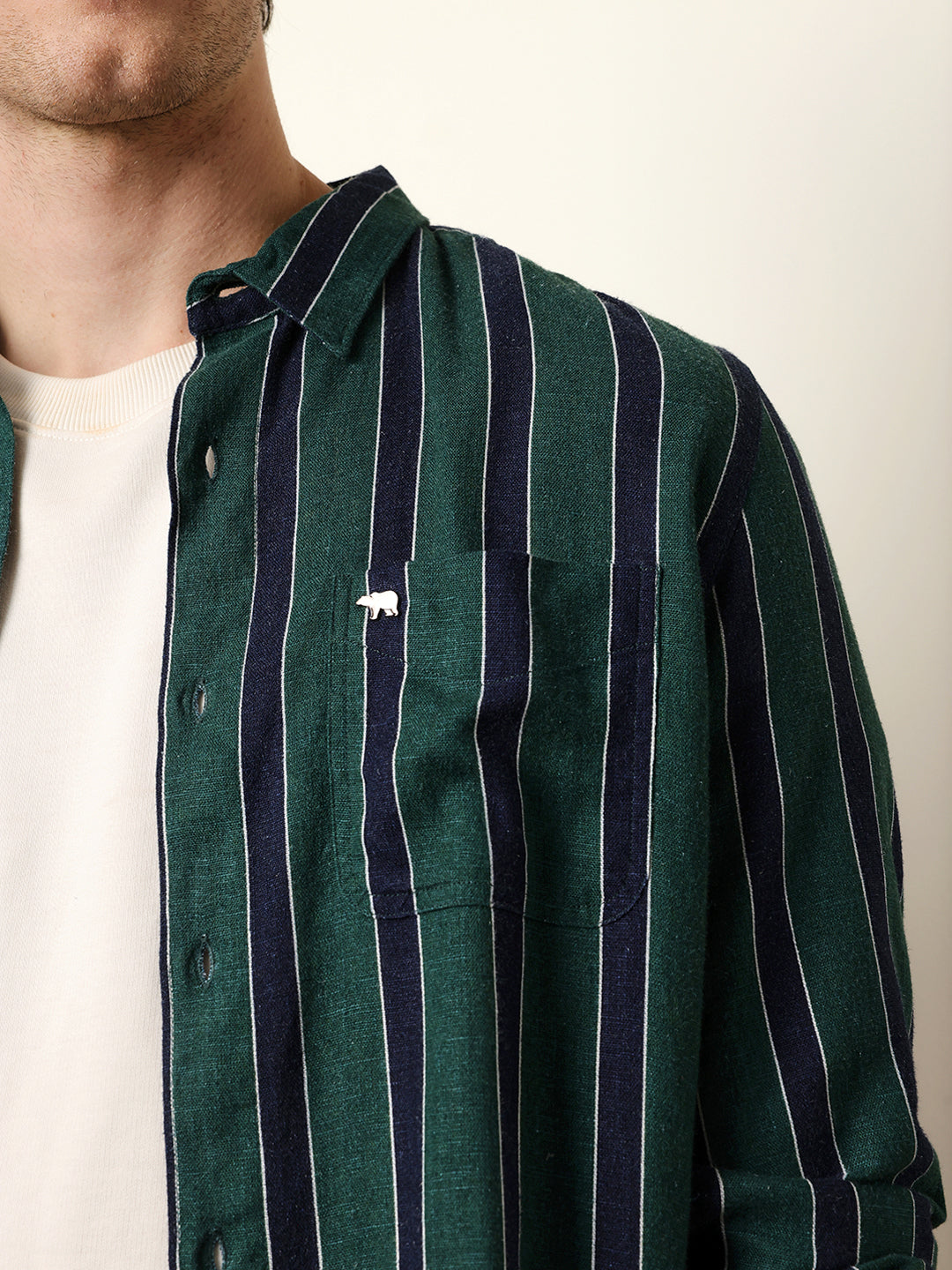 Green Vertical Stripes Slim Fit Casual Shirt