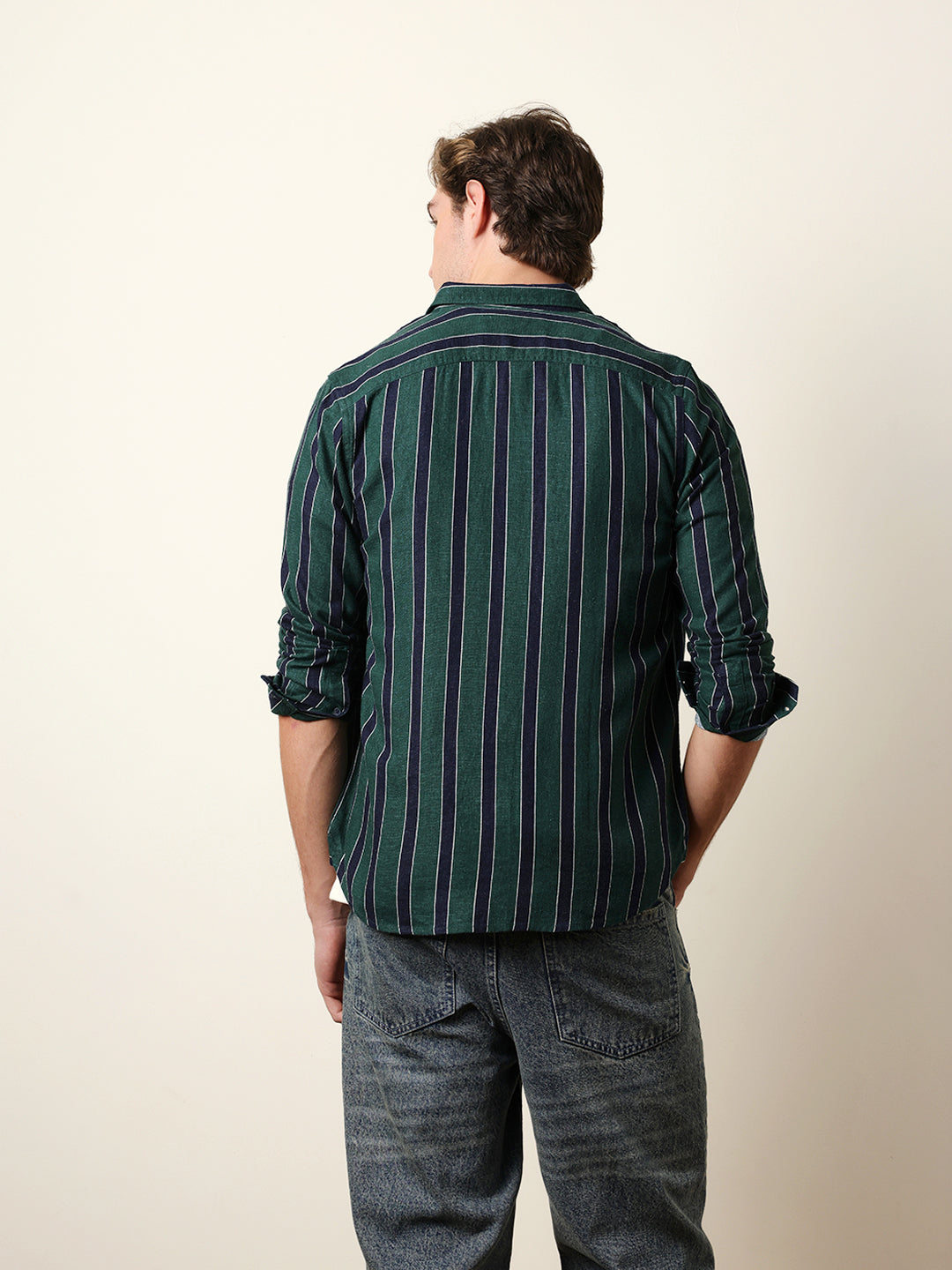 Green Vertical Stripes Slim Fit Casual Shirt