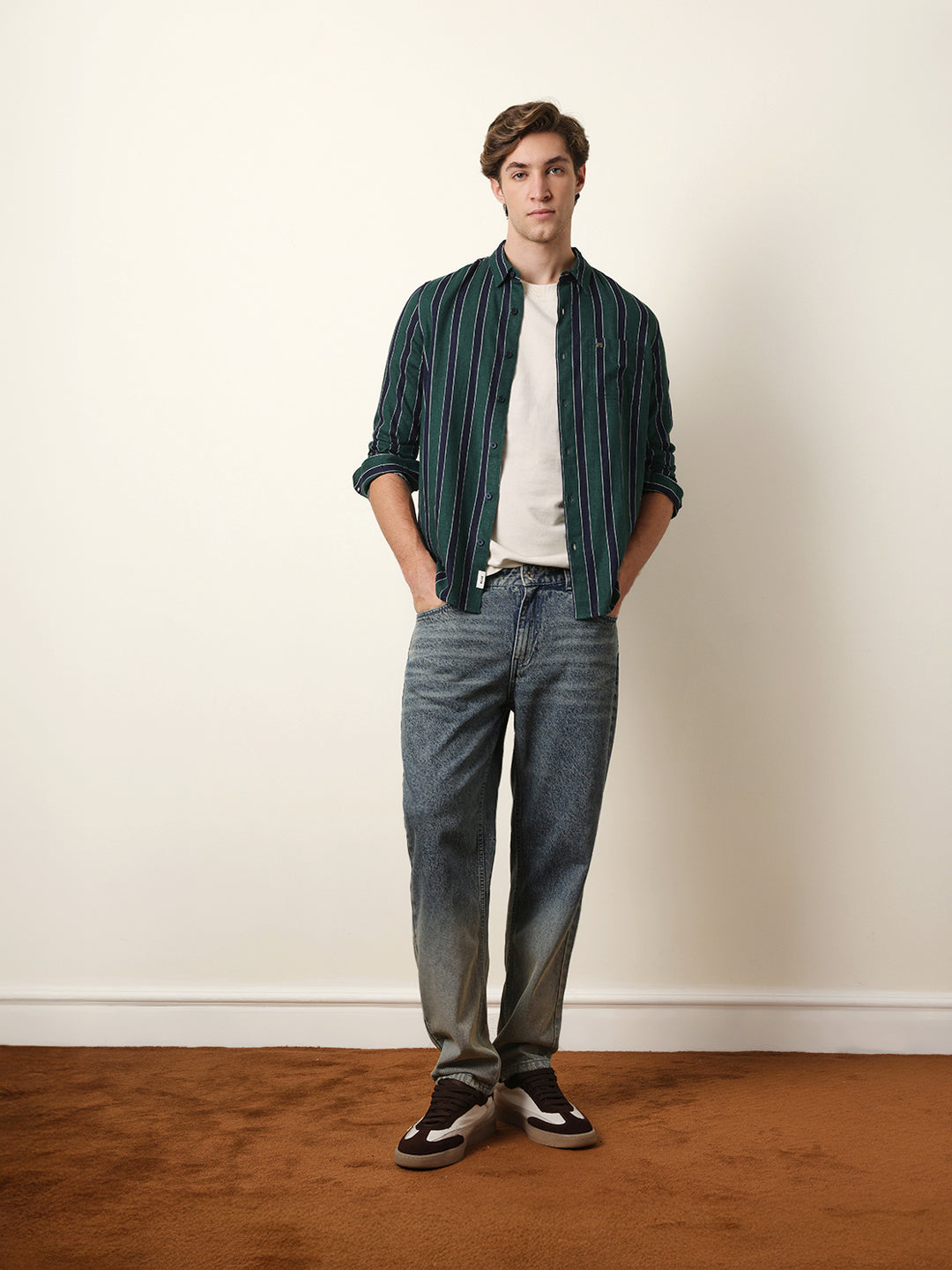 Green Vertical Stripes Slim Fit Casual Shirt