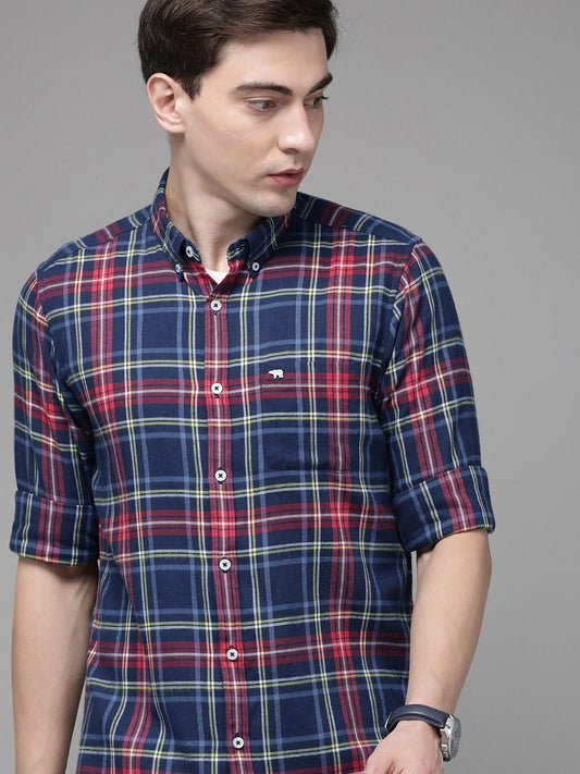 Men Blue Slim Flannel Button-Down Casual Shirt