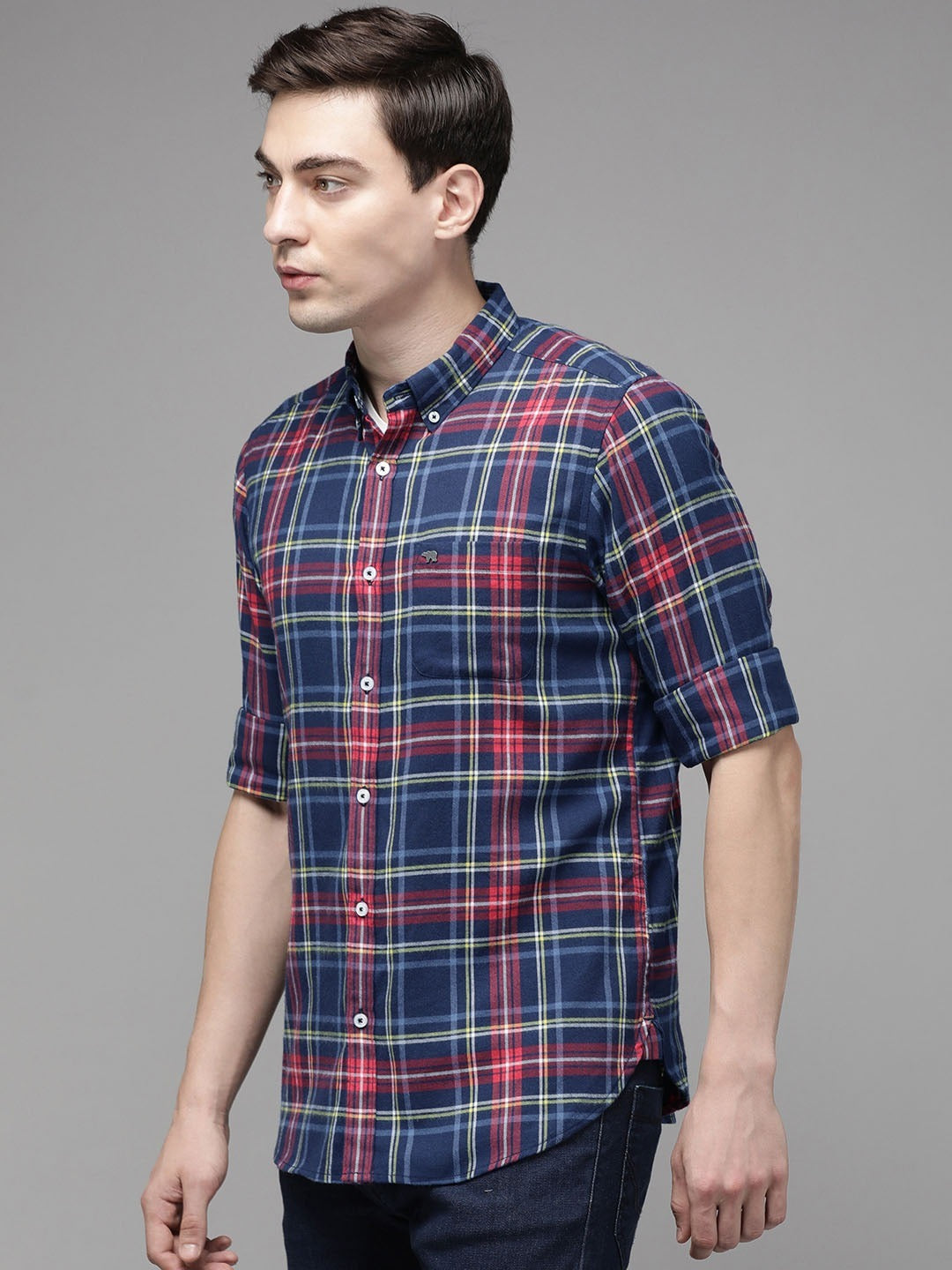 Men Blue Slim Flannel Button-Down Casual Shirt