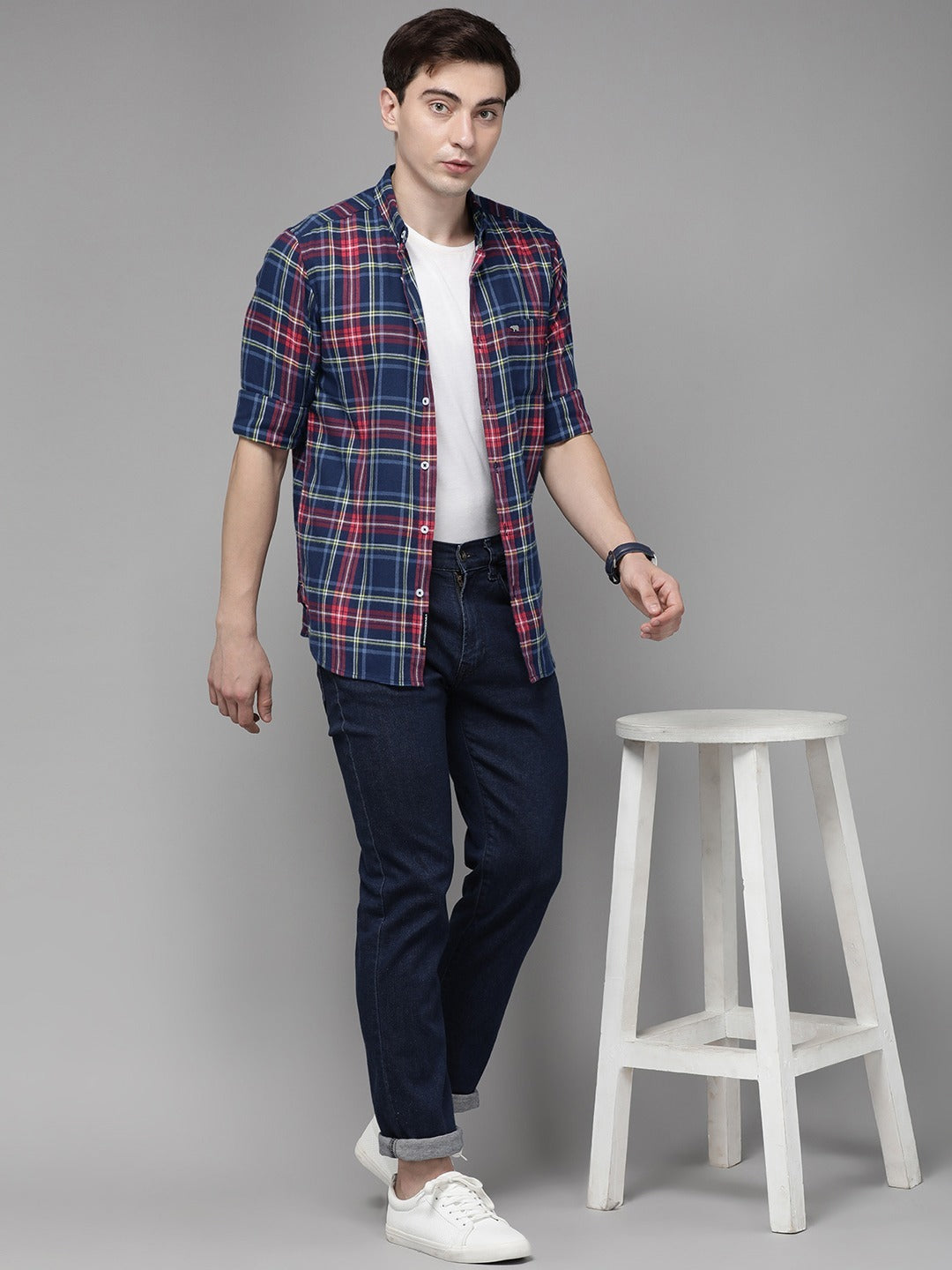Men Blue Slim Flannel Button-Down Casual Shirt