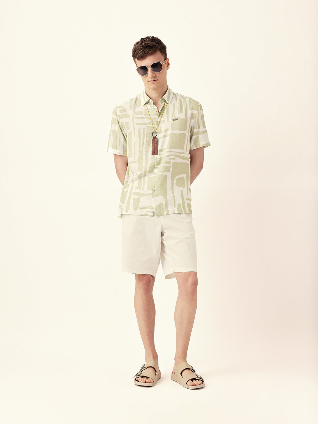 White & Green Relaxed Fit Abstract Stroke Print Half Sleeve Casual Shirt