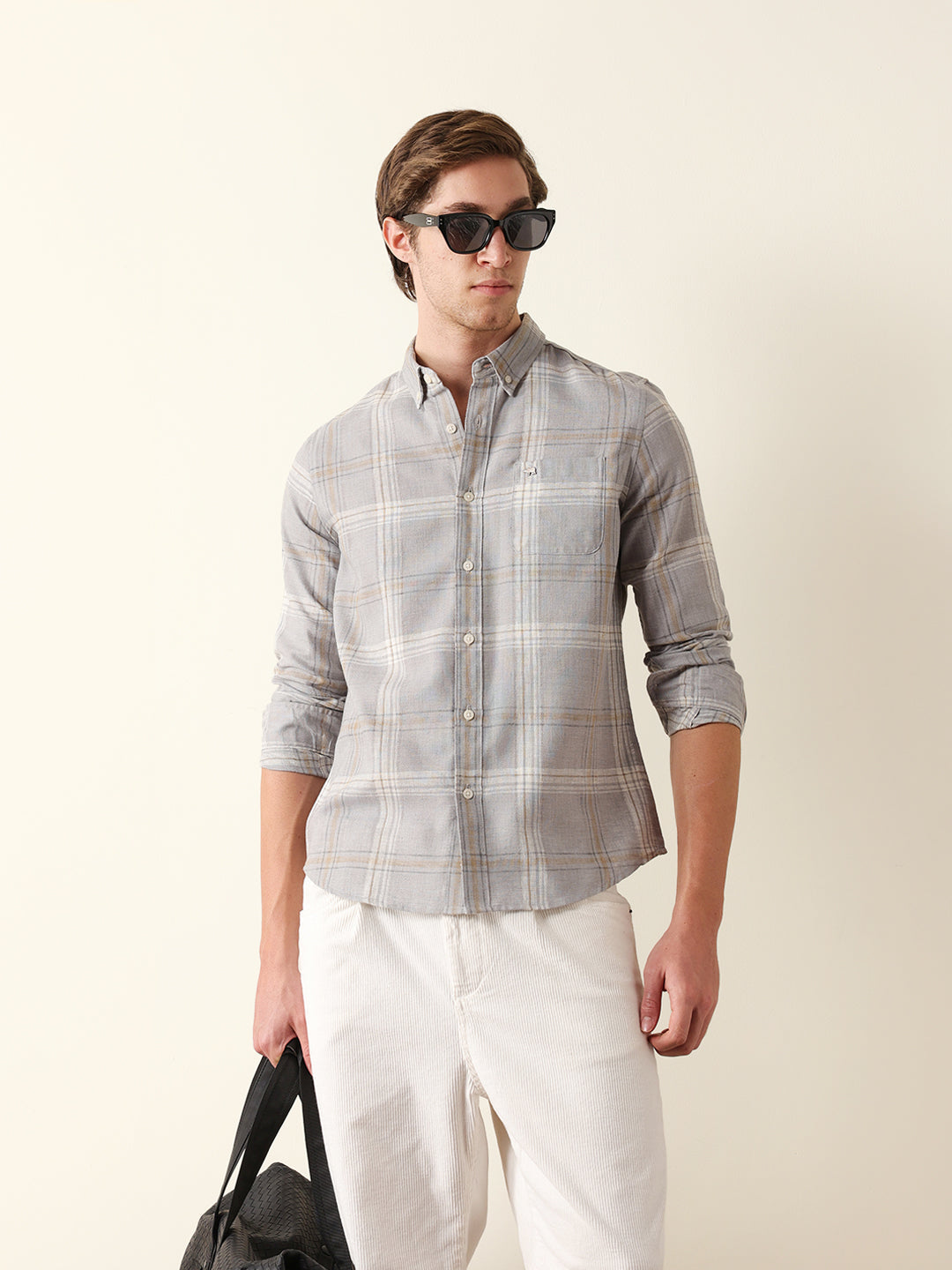 Light Grey Woven Check Slim Fit Casual Shirt