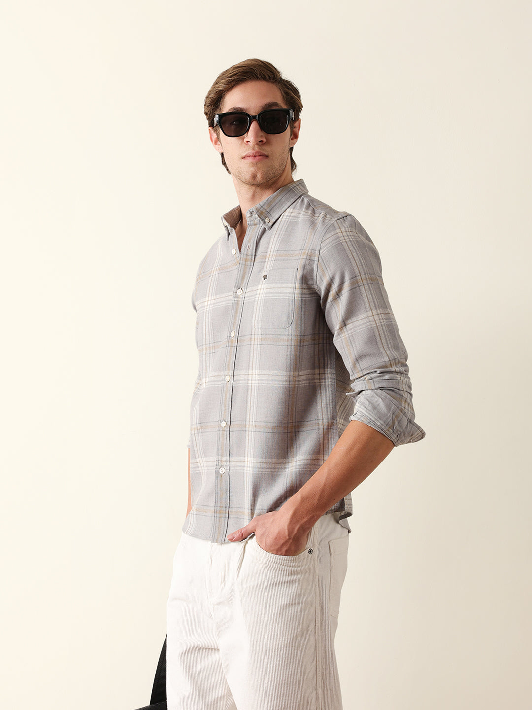 Light Grey Woven Check Slim Fit Casual Shirt