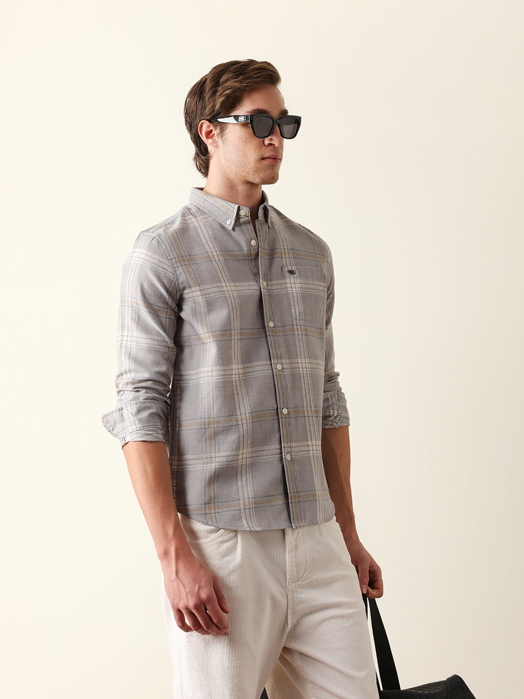 Light Grey Woven Check Slim Fit Casual Shirt