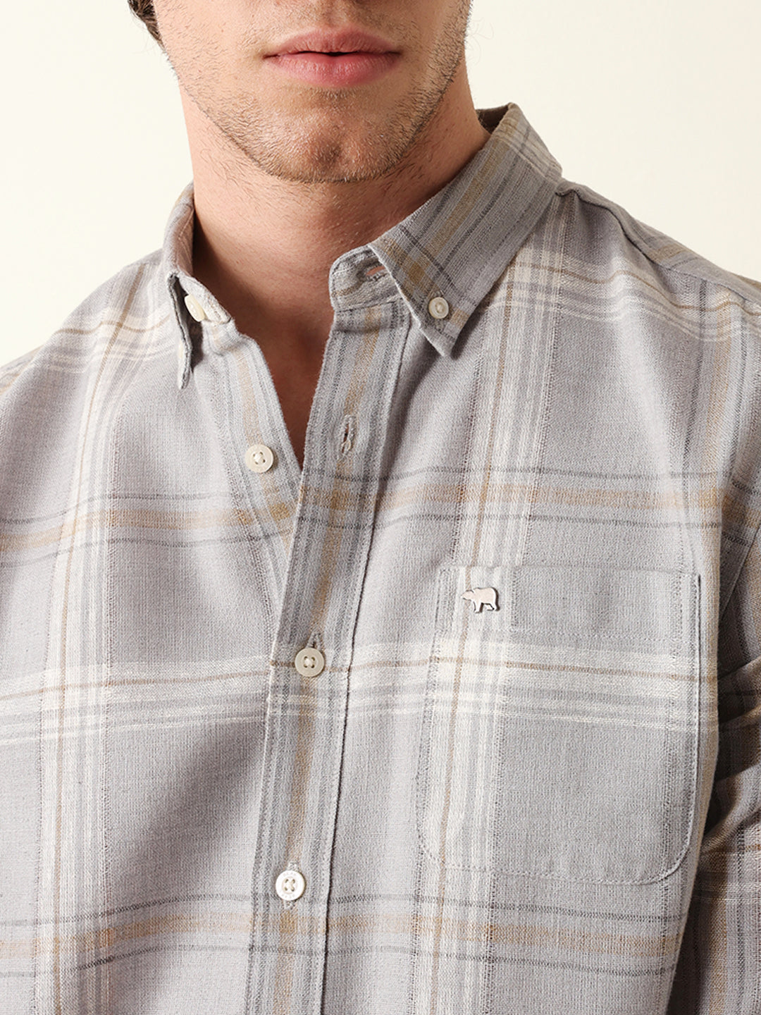 Light Grey Woven Check Slim Fit Casual Shirt
