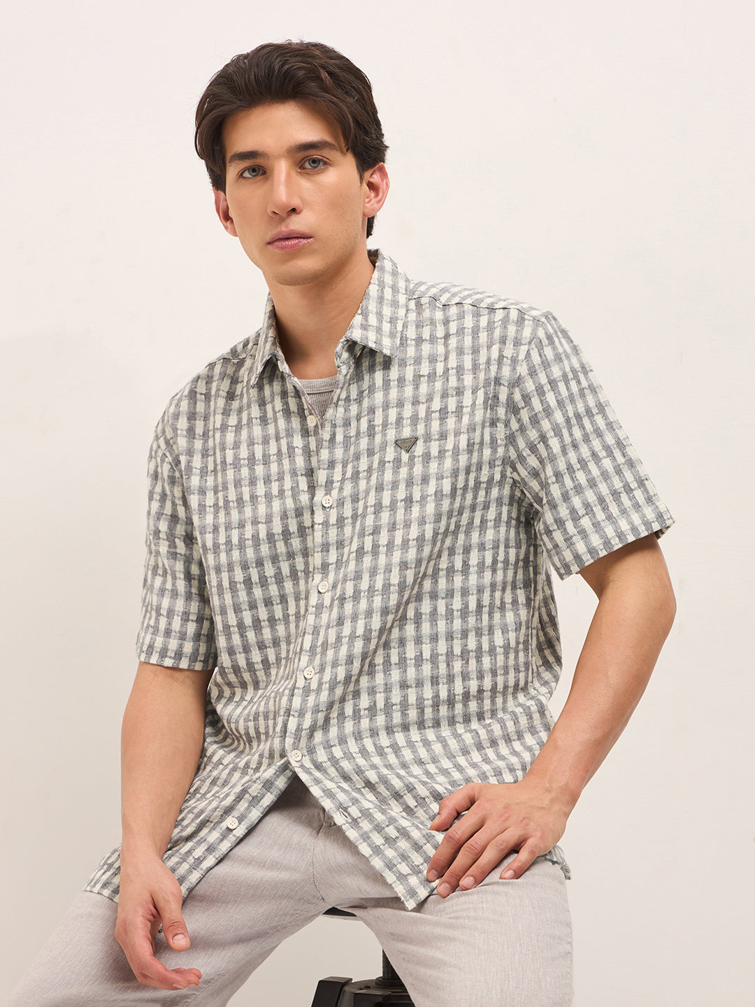 Grey Woven Checked Oversized Fit Casual Shirt with Spread Collar