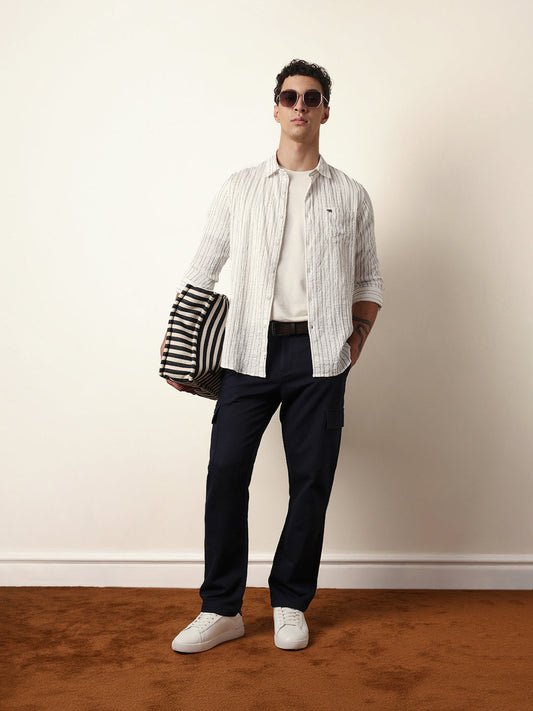White Vertical Seersucker Pinstripe Slim Fit Casual Shirt