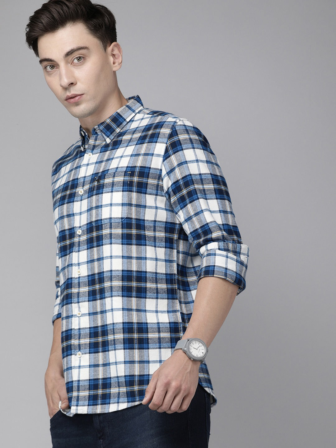 Men Slim Button-down Flannel Shirt