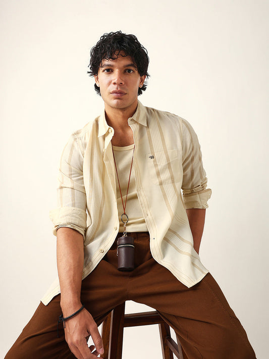 Cream Woven Vertical Striped Slim Fit Casual Shirt