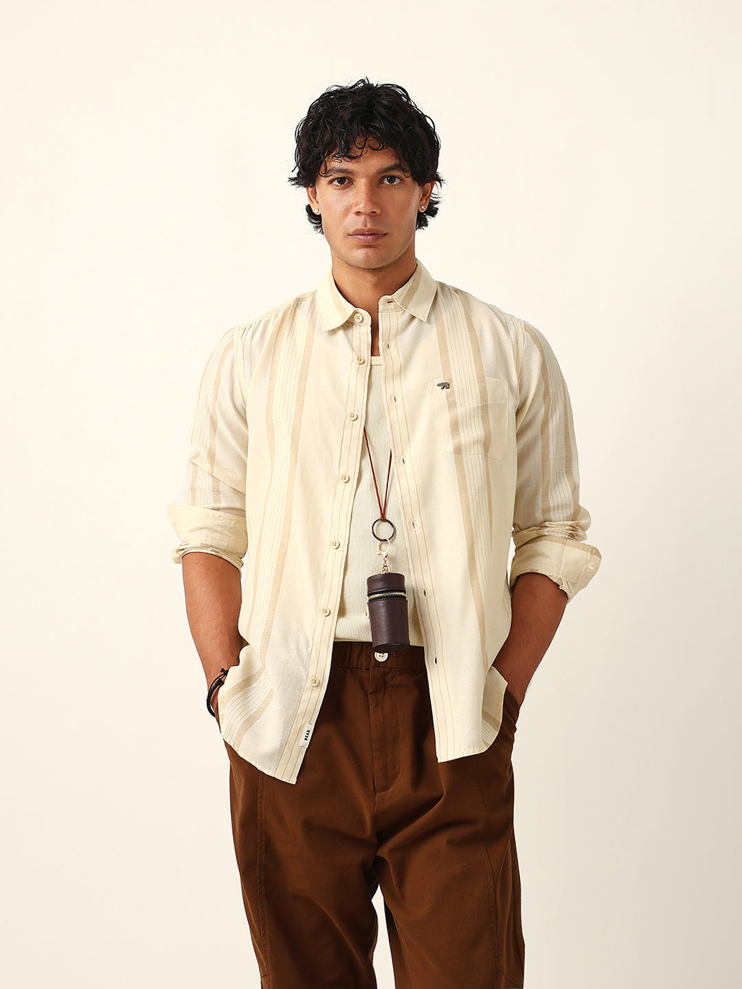 Cream Woven Vertical Striped Slim Fit Casual Shirt