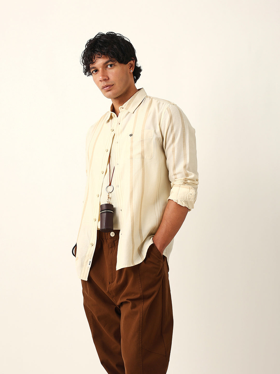 Cream Woven Vertical Striped Slim Fit Casual Shirt