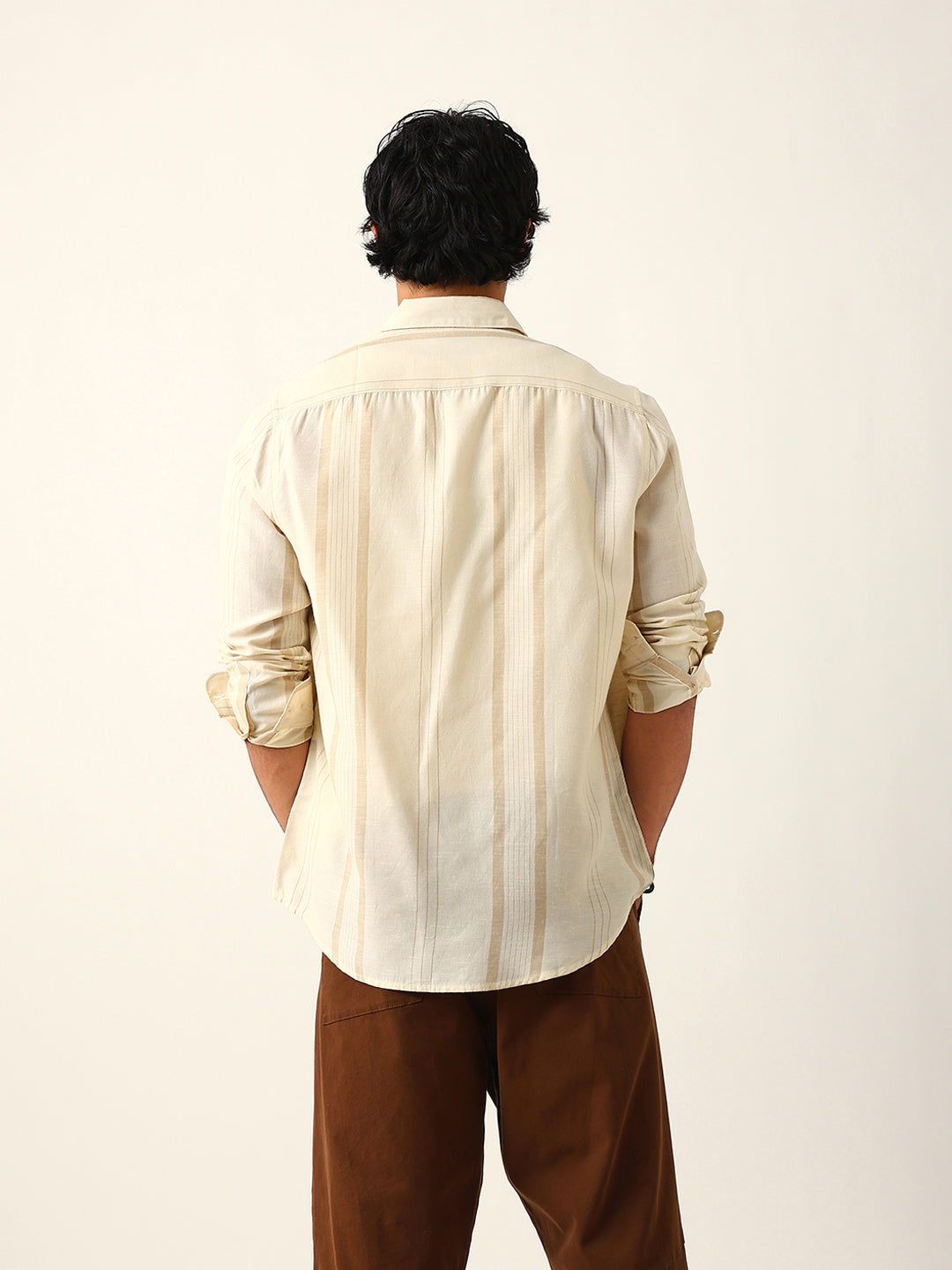 Cream Woven Vertical Striped Slim Fit Casual Shirt