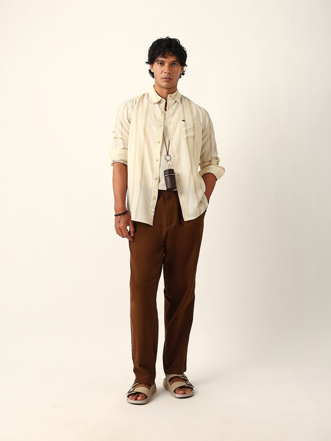 Cream Woven Vertical Striped Slim Fit Casual Shirt