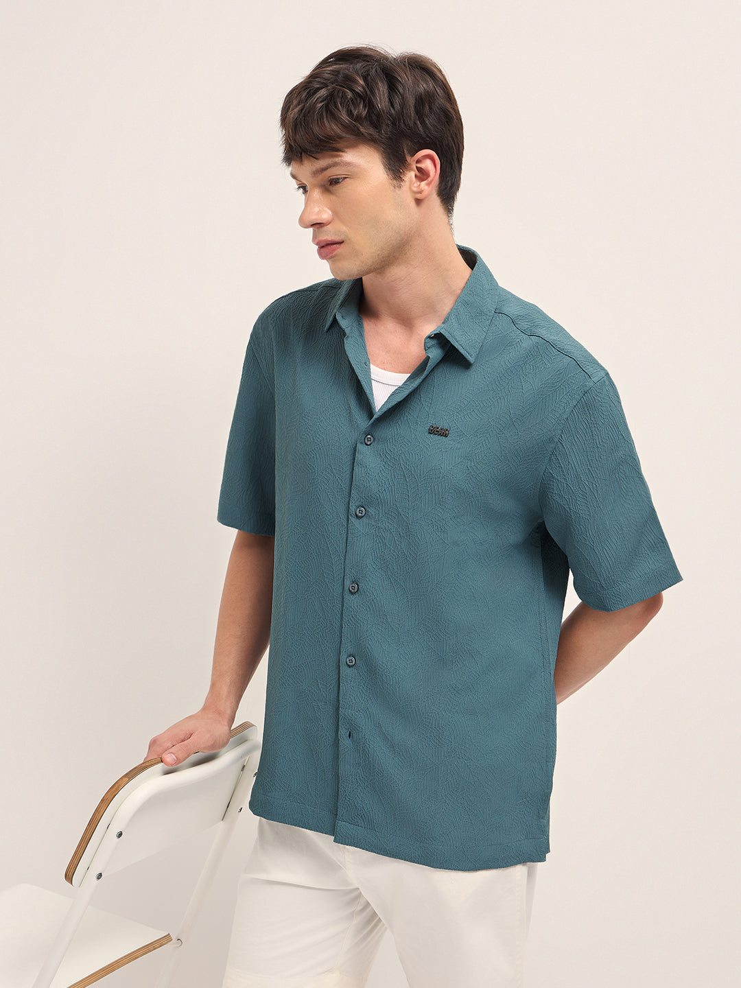 Teal All-Over Textured Leaf Motif Oversized Casual Shirt with Half Sleeves