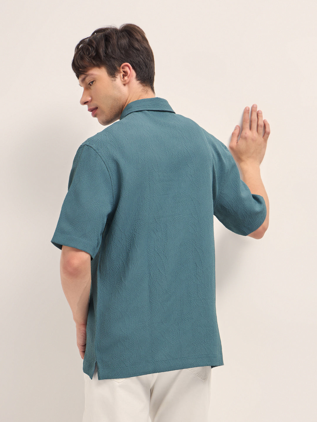 Teal All-Over Textured Leaf Motif Oversized Casual Shirt with Half Sleeves