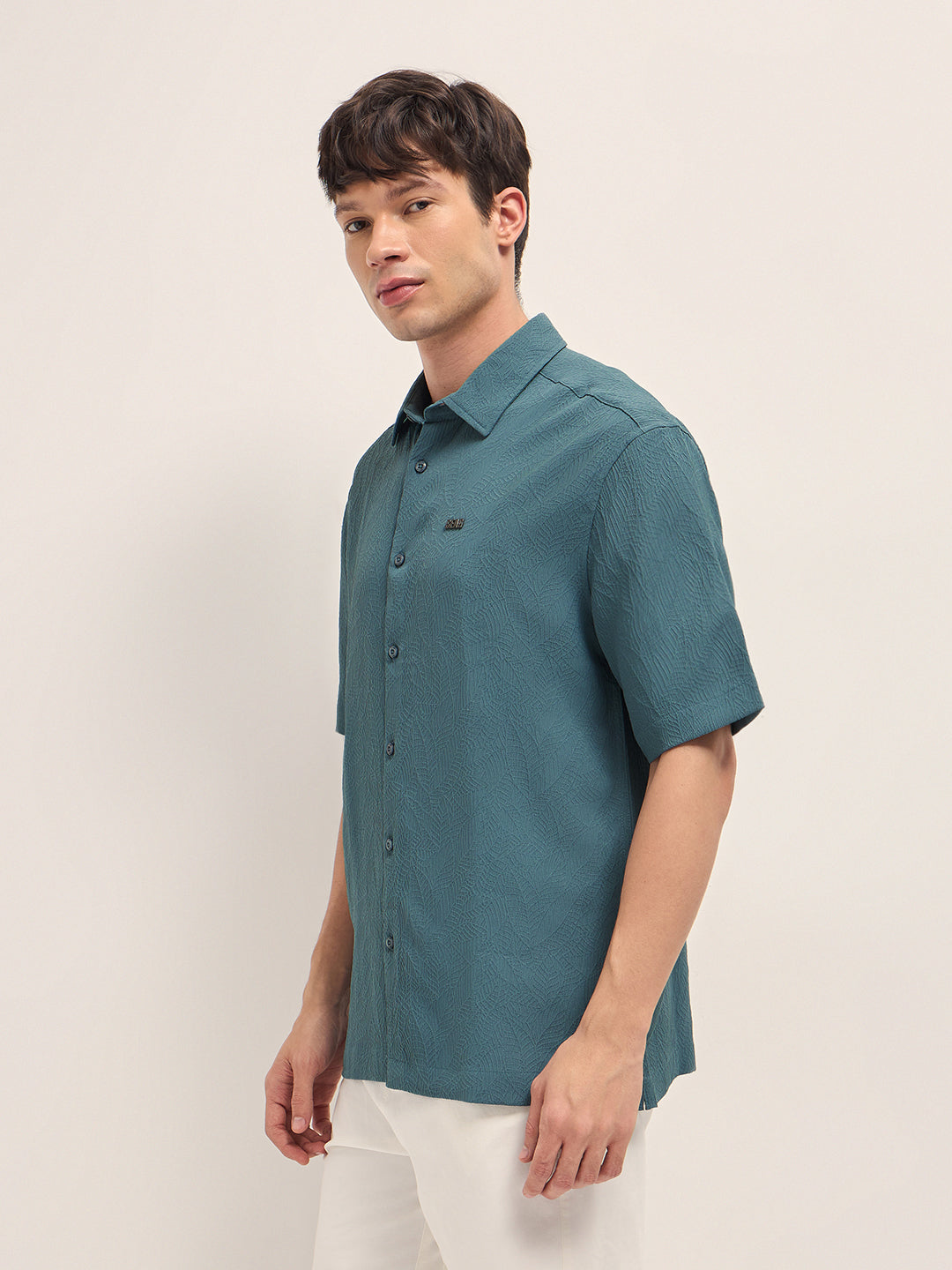 Teal All-Over Textured Leaf Motif Oversized Casual Shirt with Half Sleeves