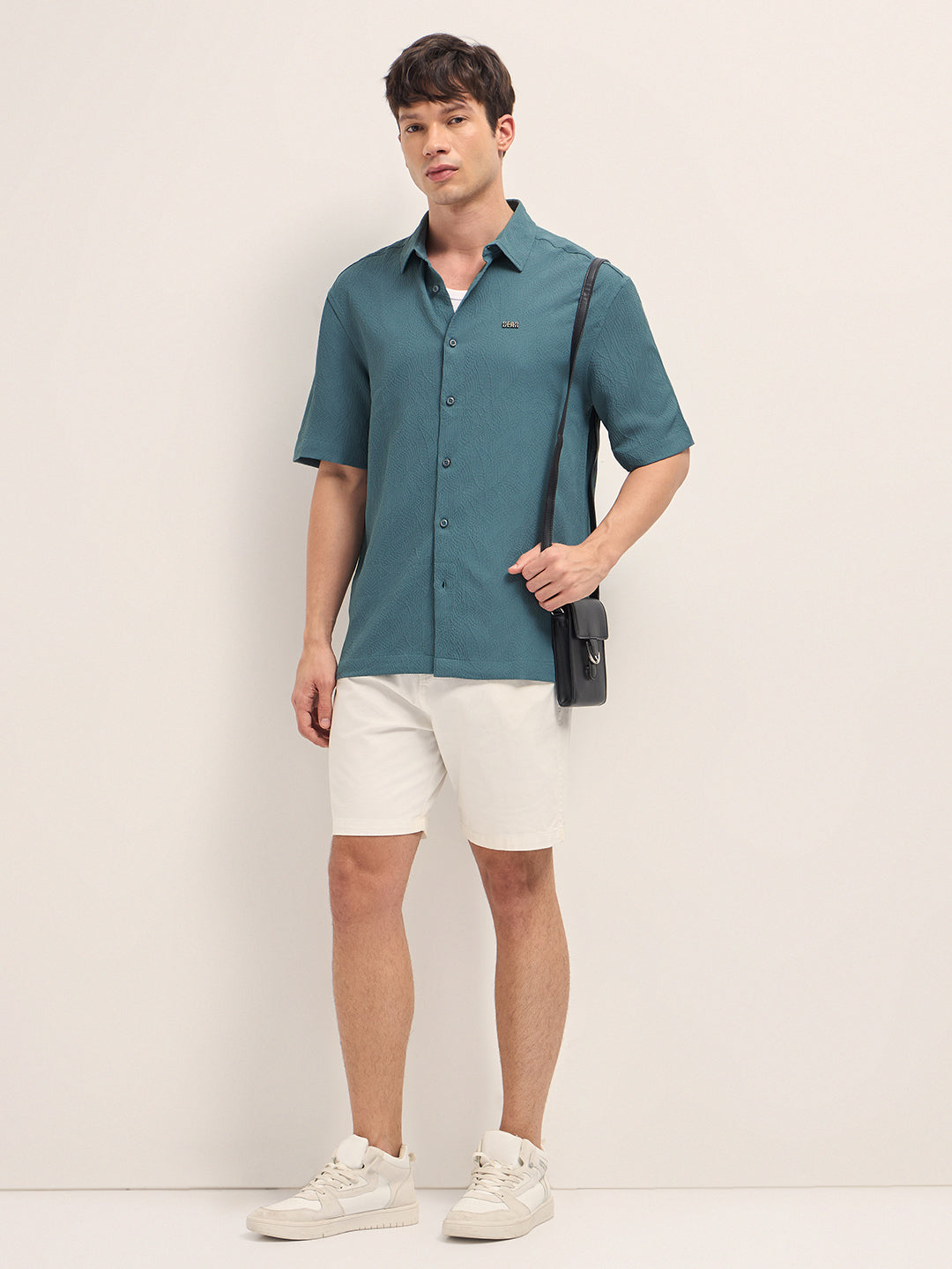 Teal All-Over Textured Leaf Motif Oversized Casual Shirt with Half Sleeves