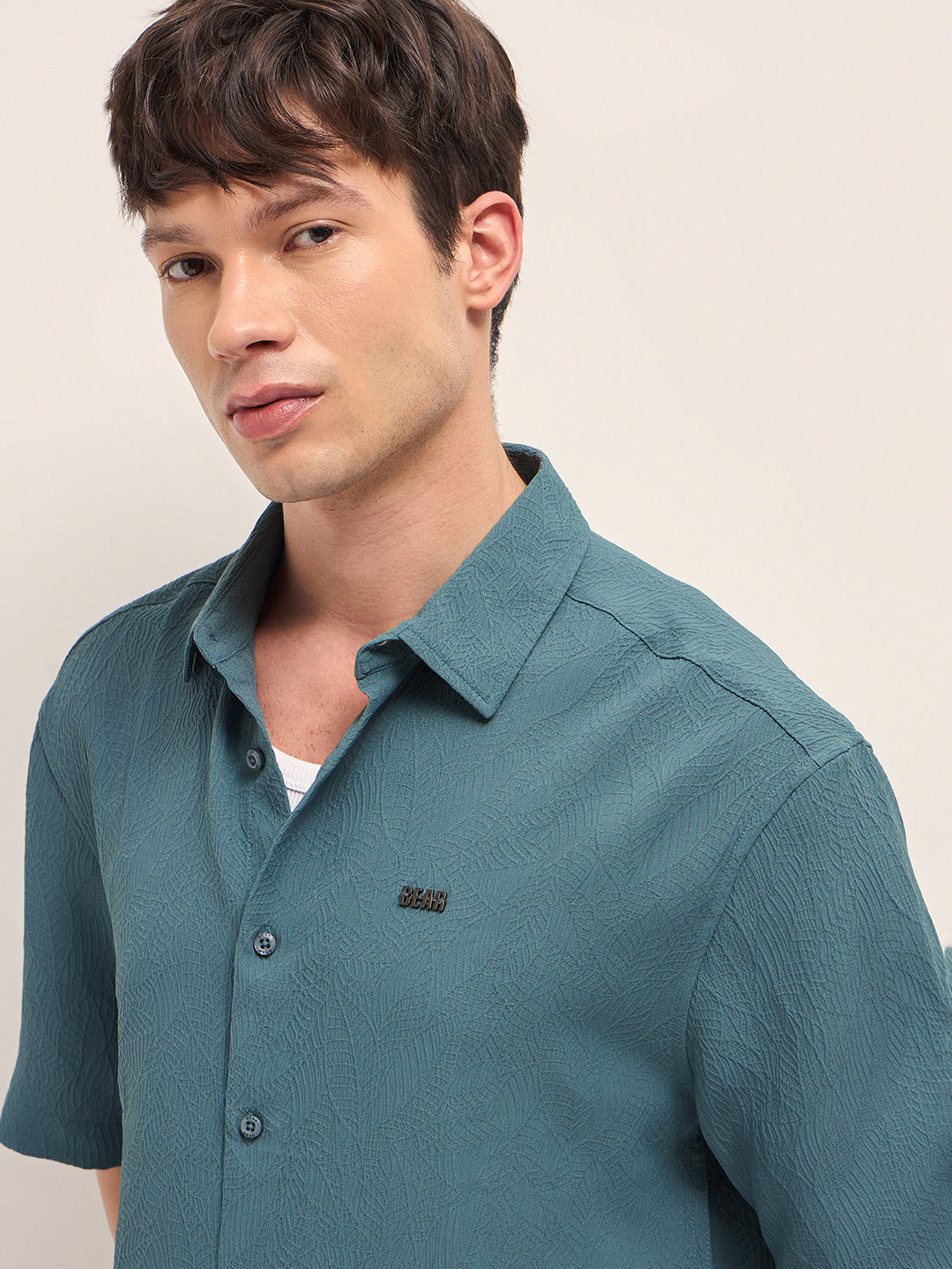 Teal All-Over Textured Leaf Motif Oversized Casual Shirt with Half Sleeves