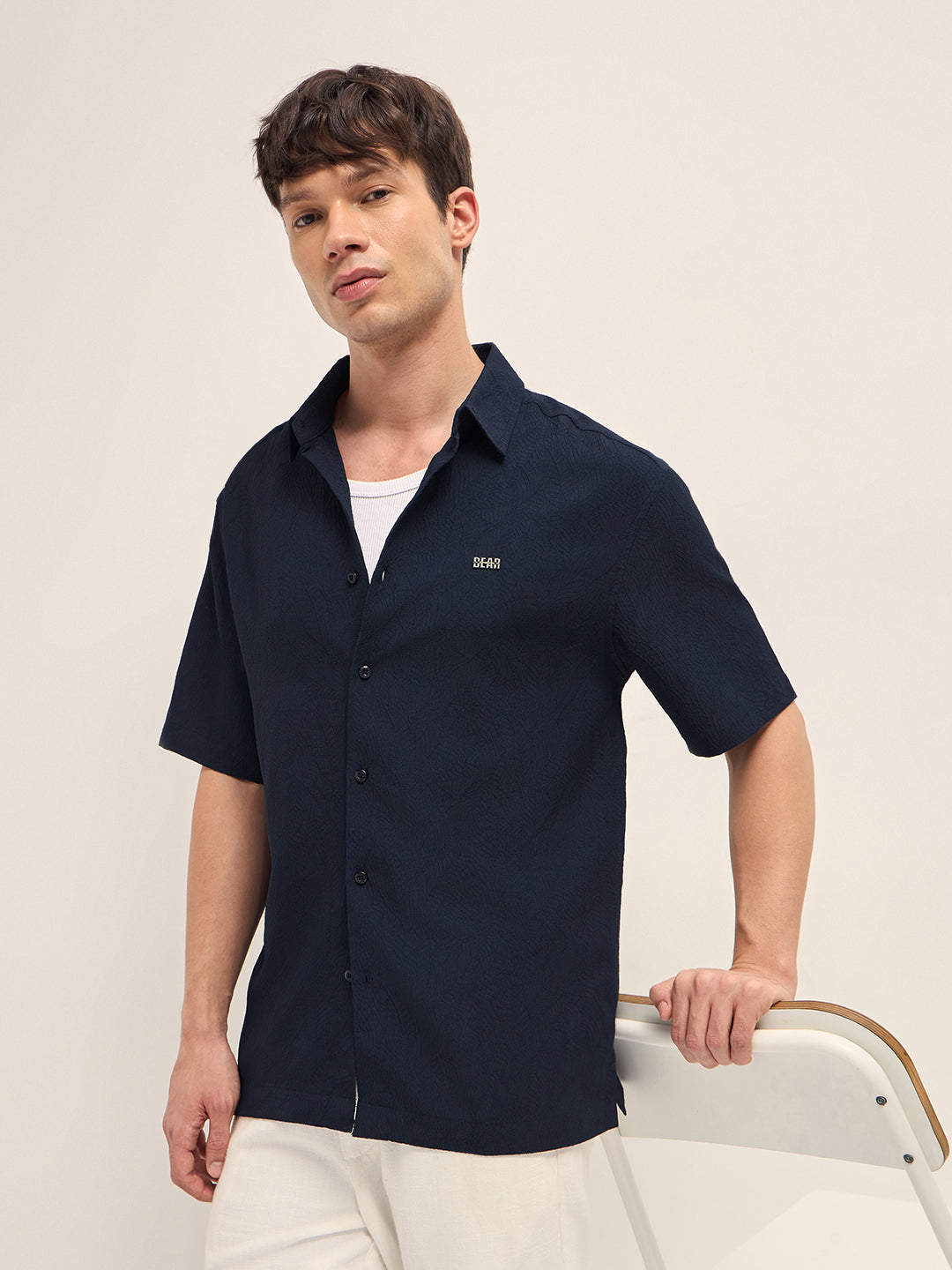 Navy All-Over Textured Leaf Motif Oversized Casual Shirt with Half Sleeves