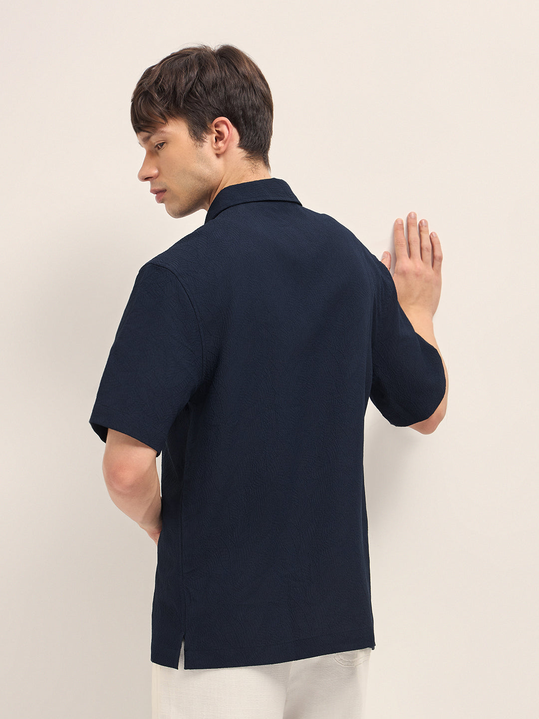 Navy All-Over Textured Leaf Motif Oversized Casual Shirt with Half Sleeves