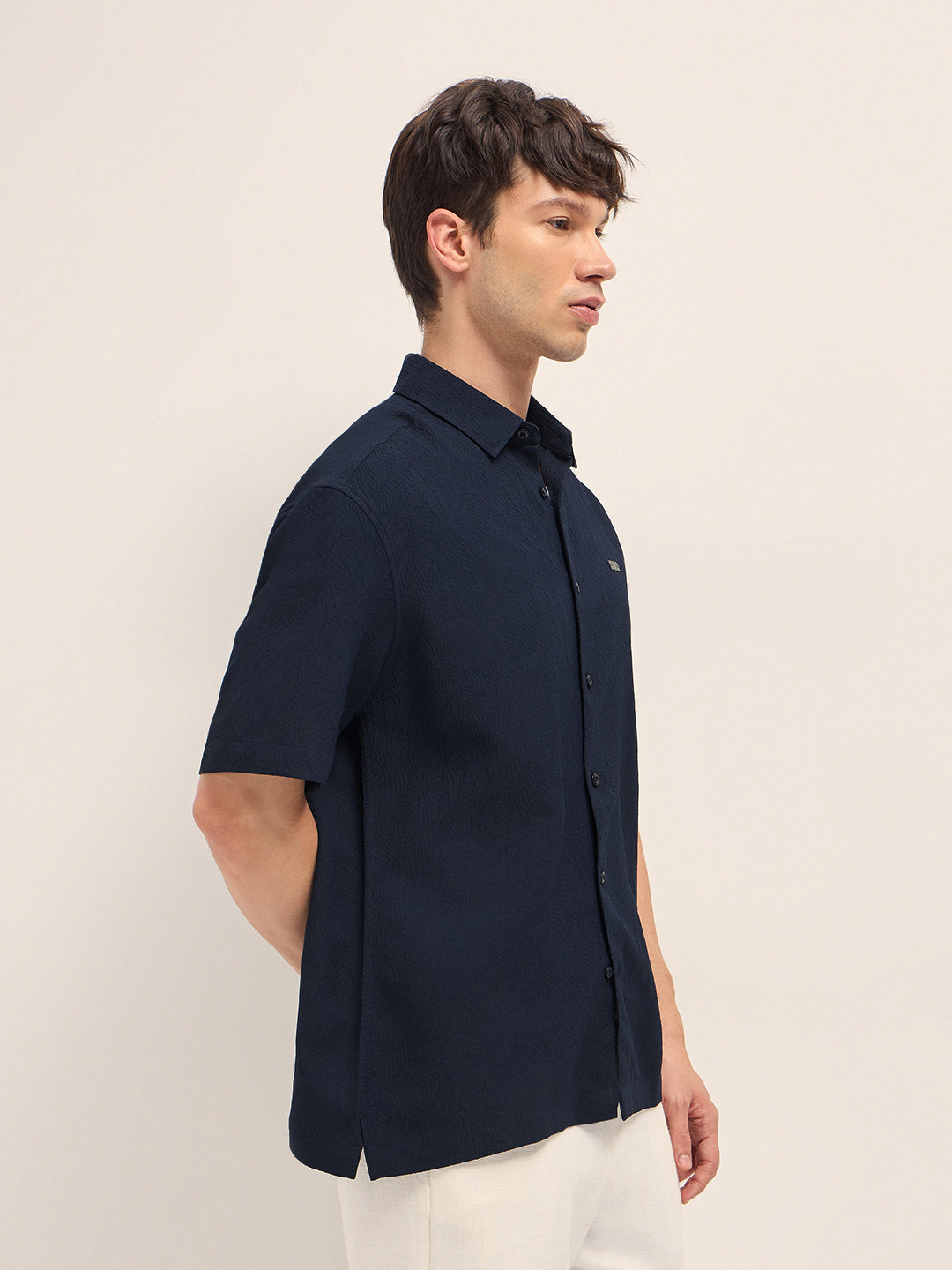 Navy All-Over Textured Leaf Motif Oversized Casual Shirt with Half Sleeves