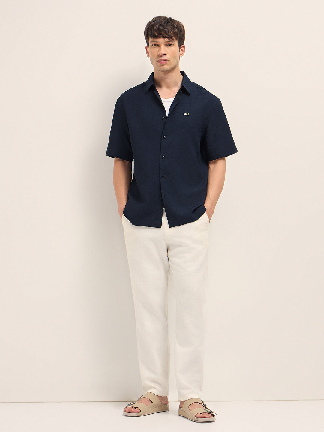 Navy All-Over Textured Leaf Motif Oversized Casual Shirt with Half Sleeves