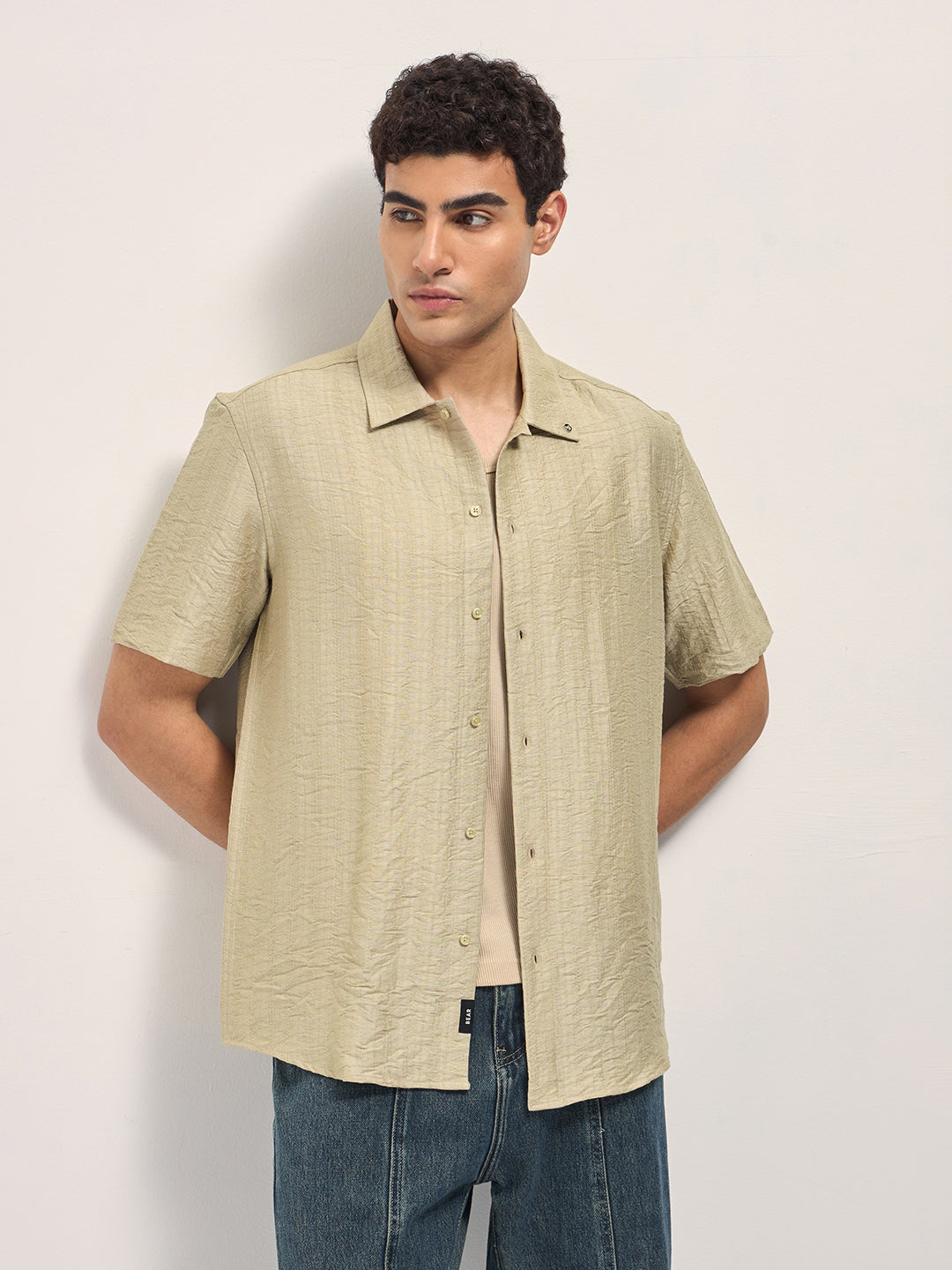 Beige Crinkled Textured Regular Fit Half-Sleeve Casual Shirt