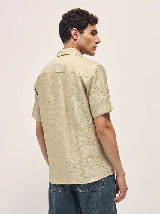 Beige Crinkled Textured Regular Fit Half-Sleeve Casual Shirt