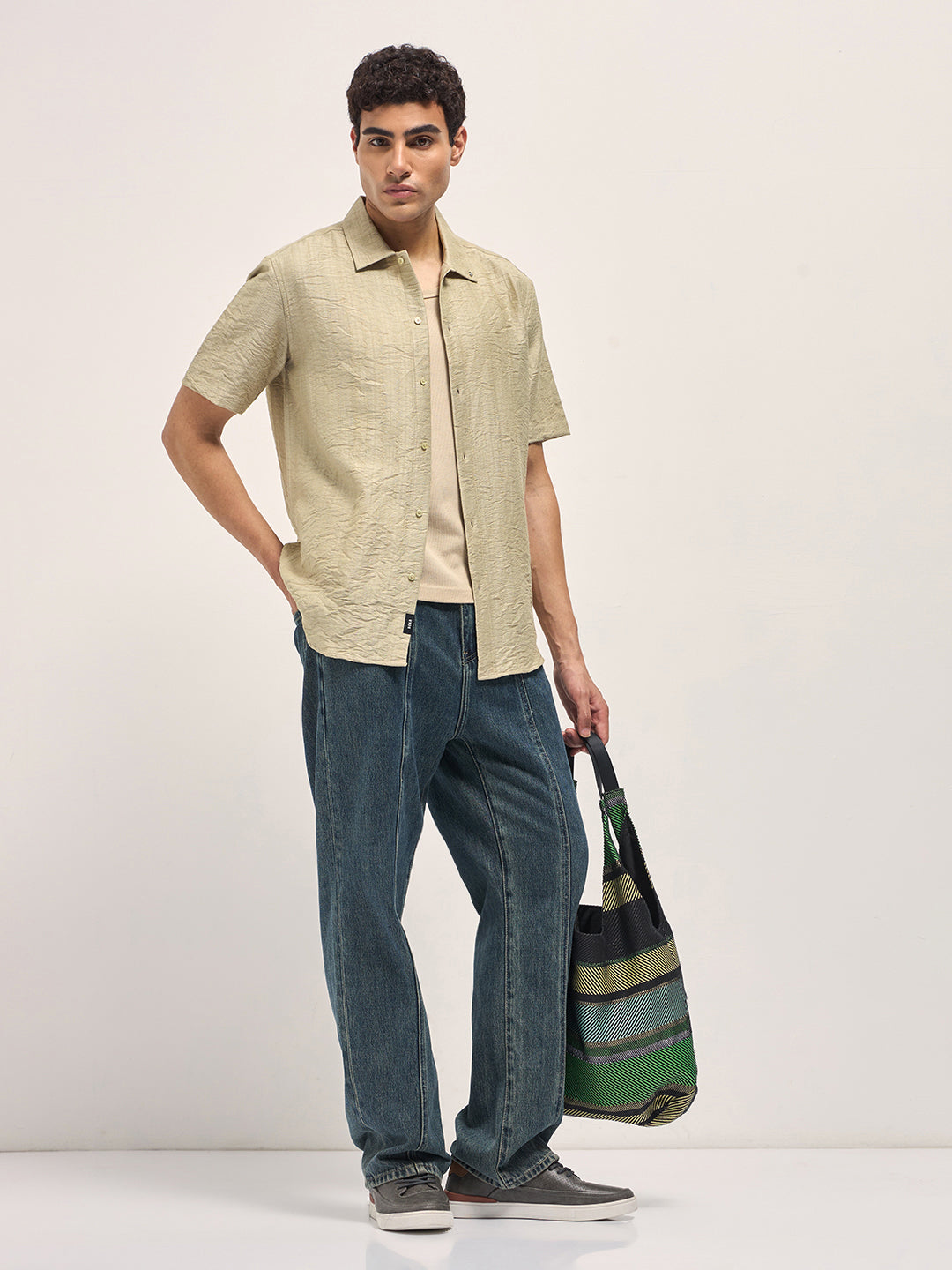 Beige Crinkled Textured Regular Fit Half-Sleeve Casual Shirt