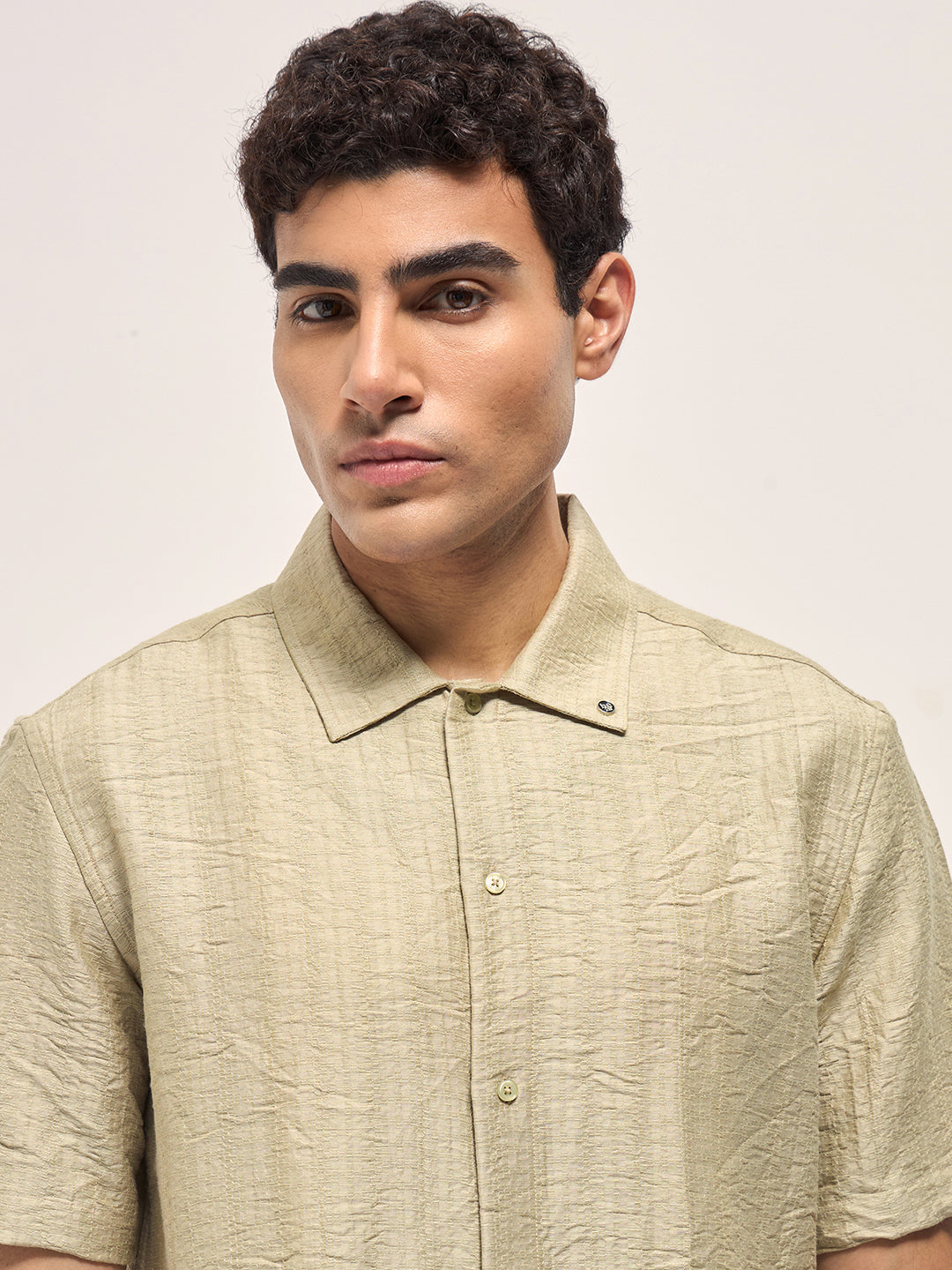 Beige Crinkled Textured Regular Fit Half-Sleeve Casual Shirt