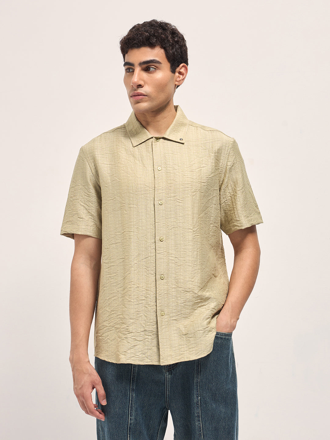 Beige Crinkled Textured Regular Fit Half-Sleeve Casual Shirt