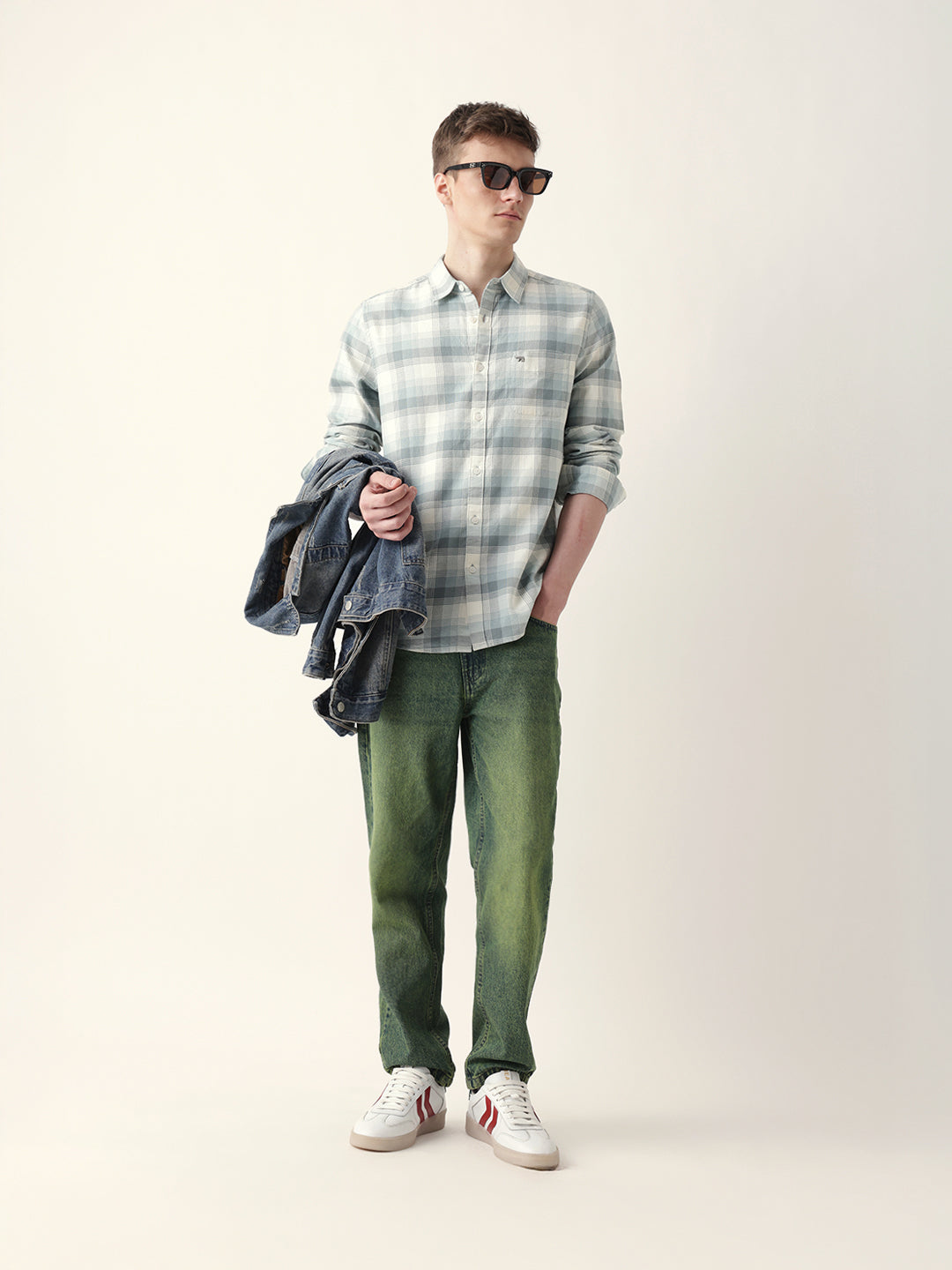 Teal with Cream Woven Checkered Slim Fit Casual Shirt